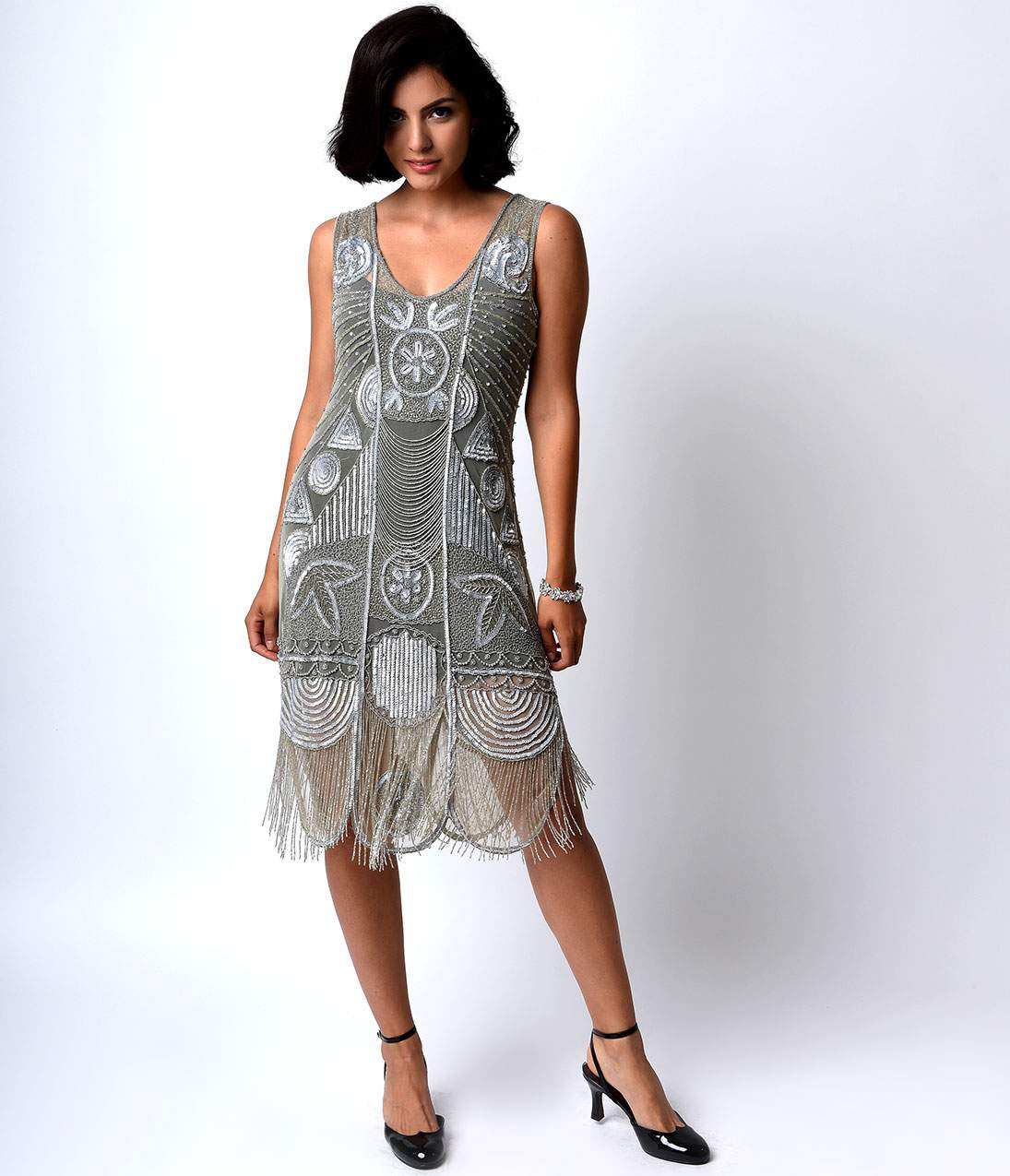 Unique Vintage 1920s Style Silver Hand Beaded Fringe Bosley Flapper Dress