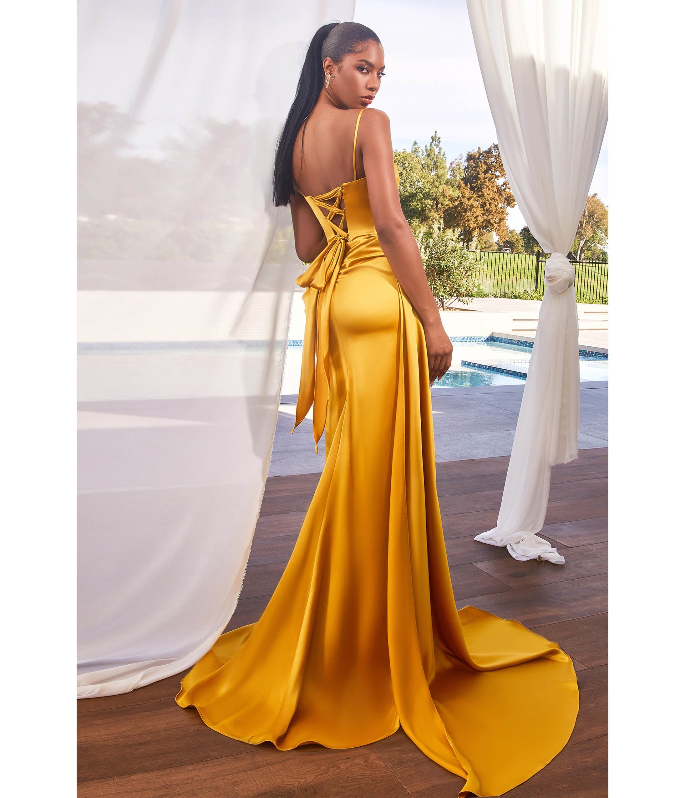 Ladivine by Cinderella Divine Marigold Satin High Slit Prom Gown