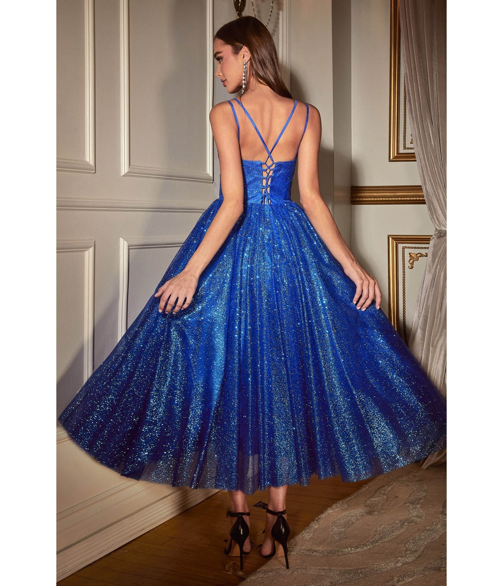 Ladivine by Cinderella Divine Royal Blue Glitter Sleeveless Tea Length Ball Gown