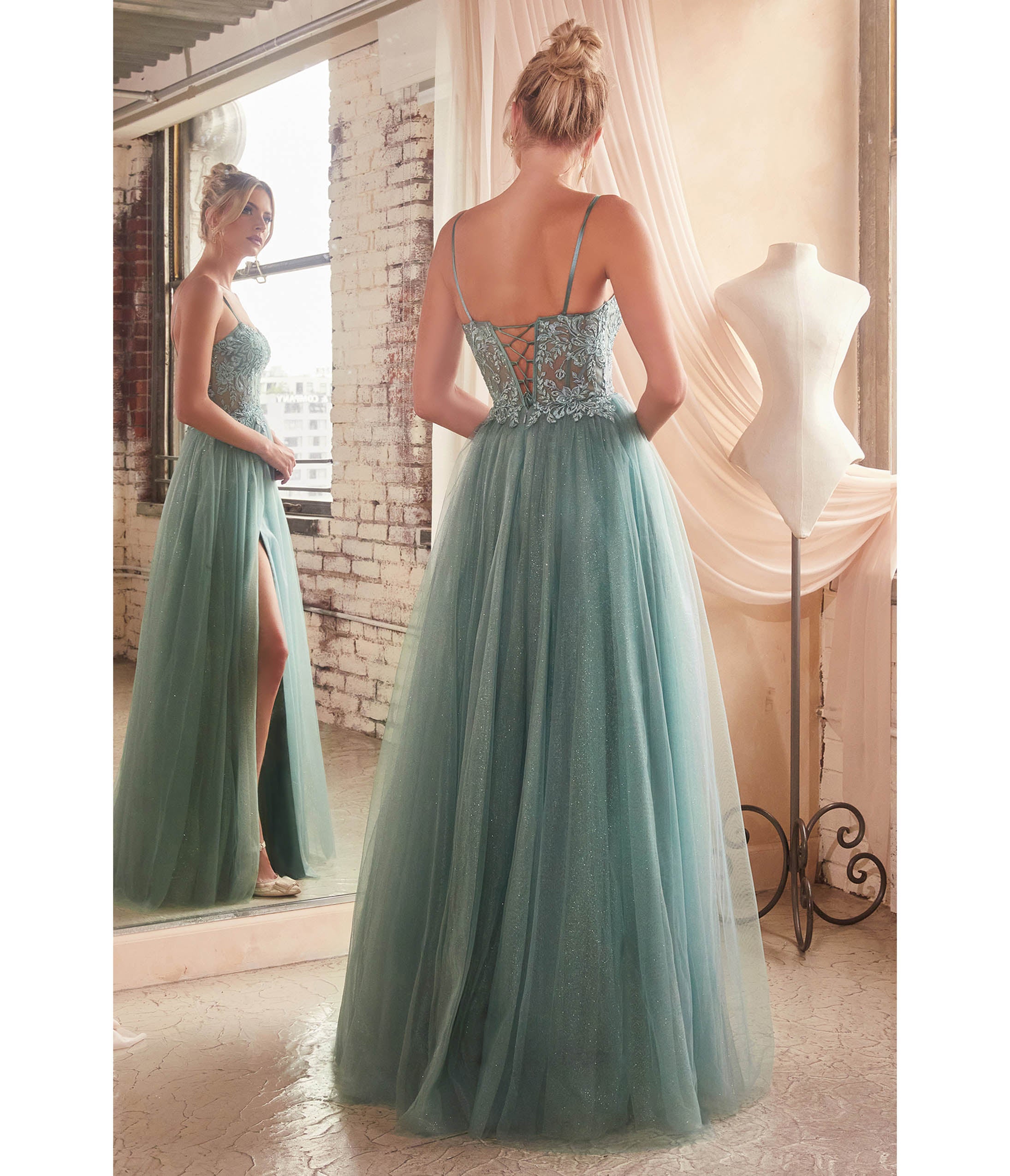 Ladivine by Cinderella Divine Dusty Teal Foliage Applique Corset Tulle Gown