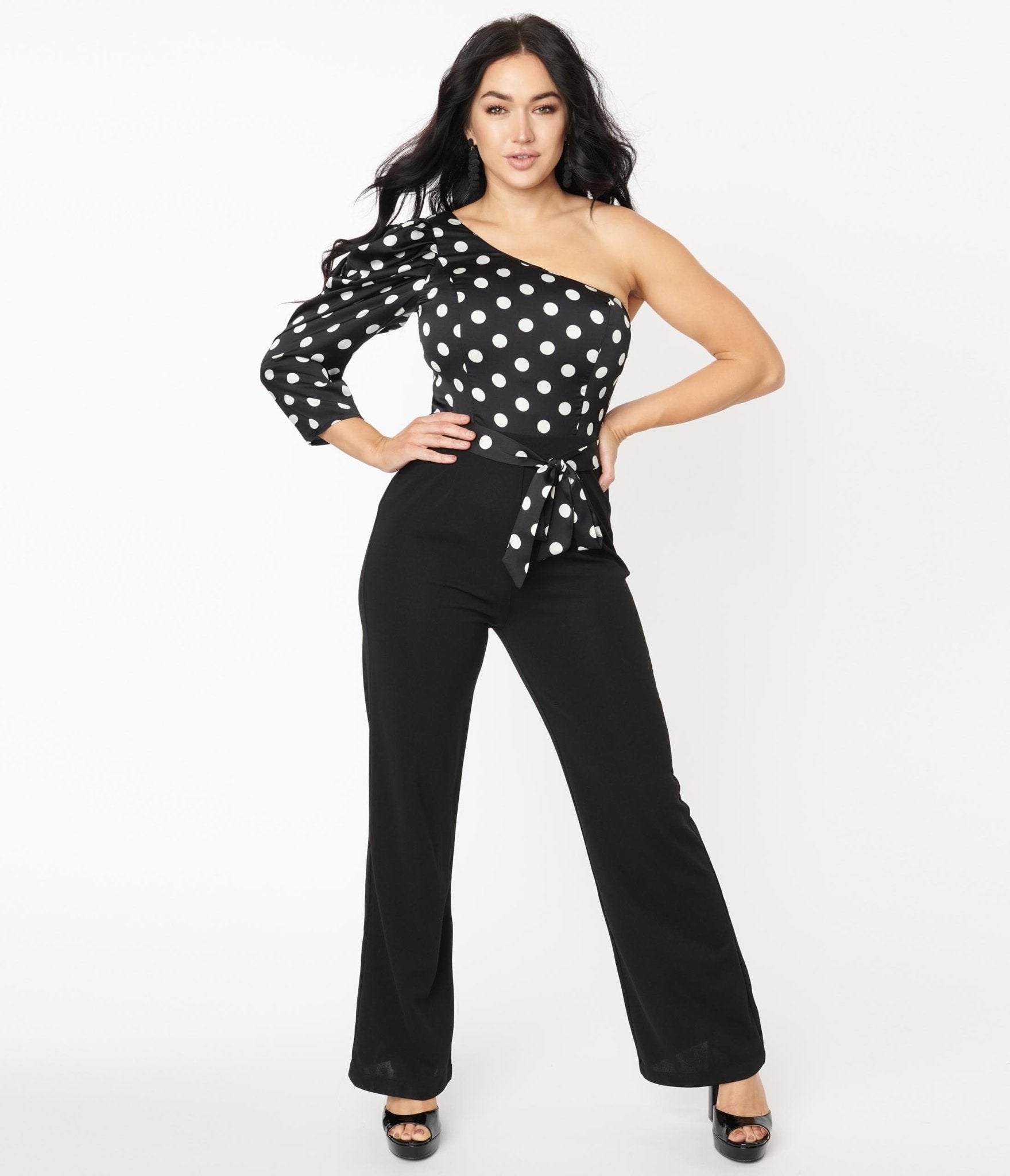 1970s Black & White Polka Dot One Shoulder Jumpsuit