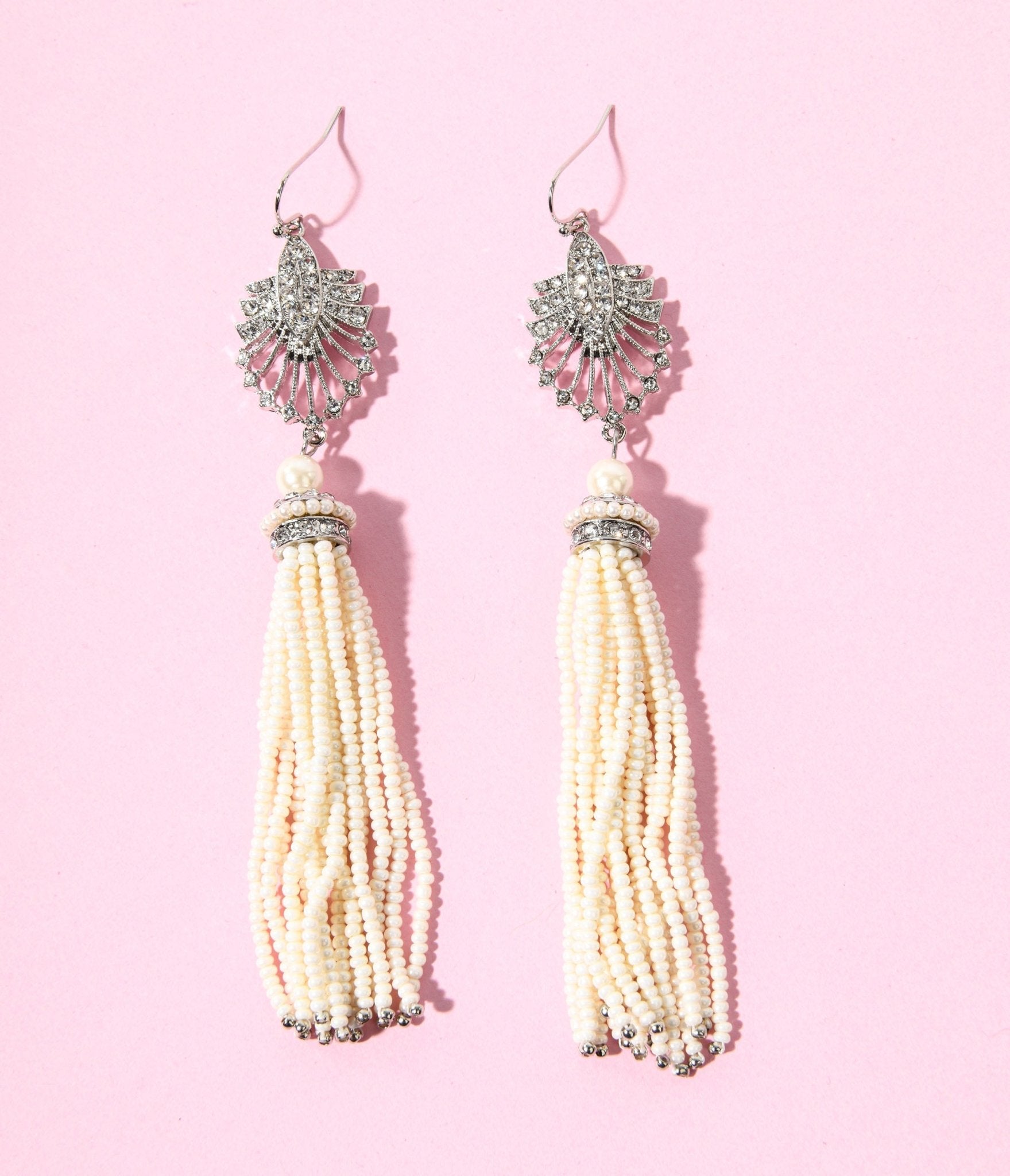 1920s Silver & White Beaded Deco Tassel Dangle Earrings