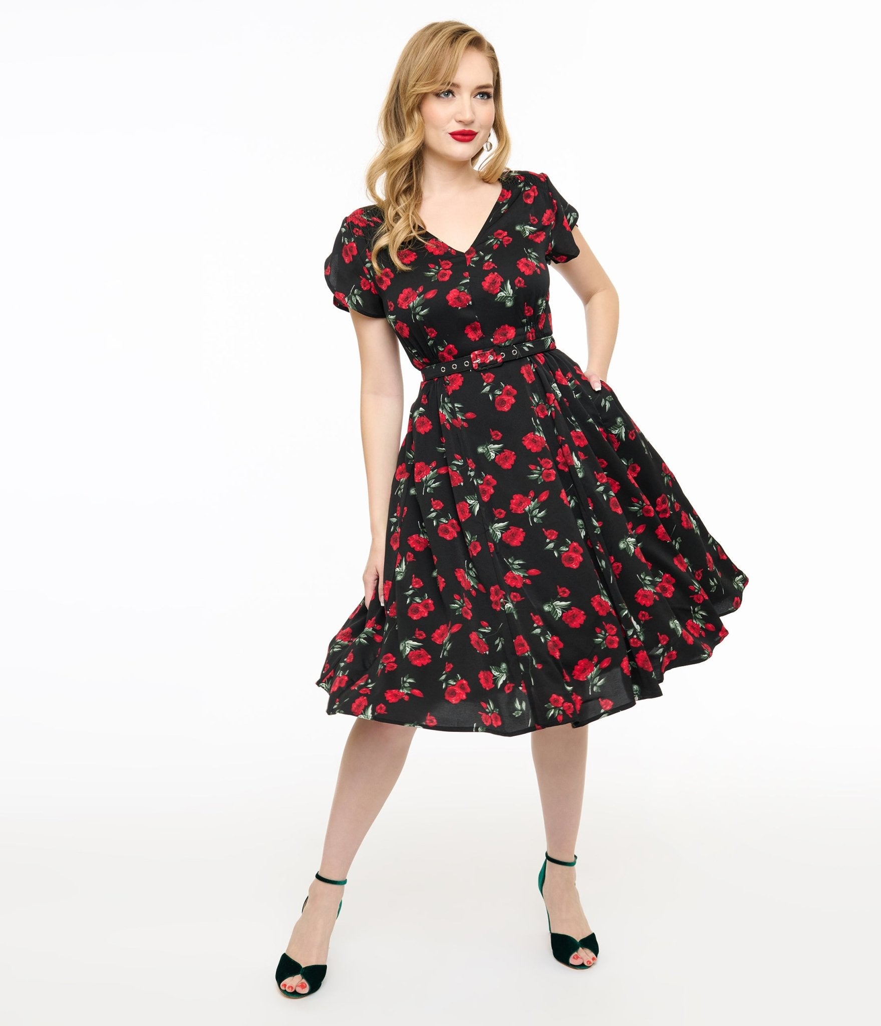 Unique Vintage 1940s Black & Red Floral Print Tulip Sleeve Swing Dress