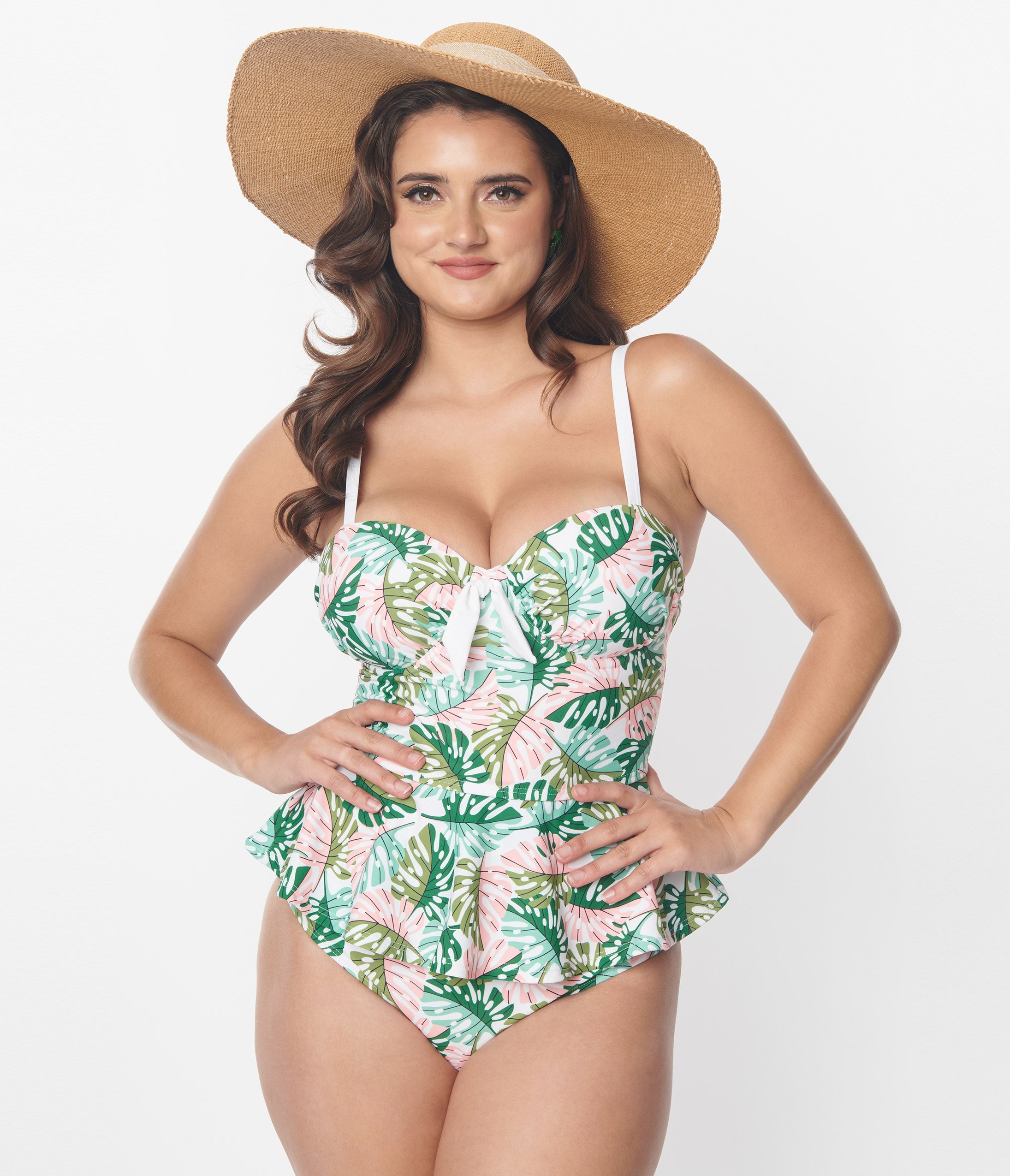 Unique Vintage Green & Pink Monstera Leaf Solana Tankini Swim Top