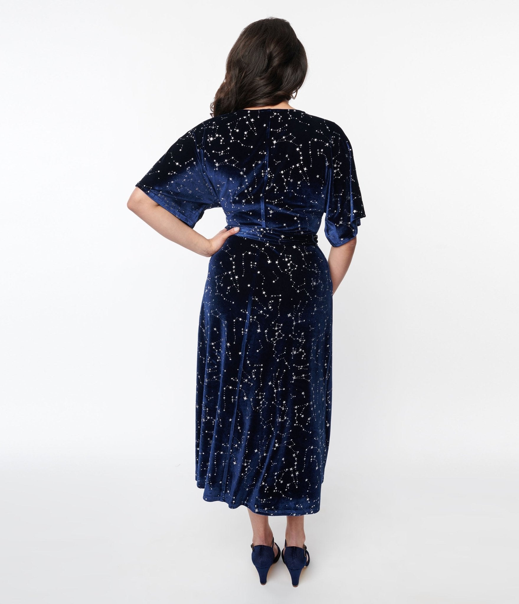 Unique Vintage 1970s Navy & Silver Stars Velvet Wrap Midi Dress