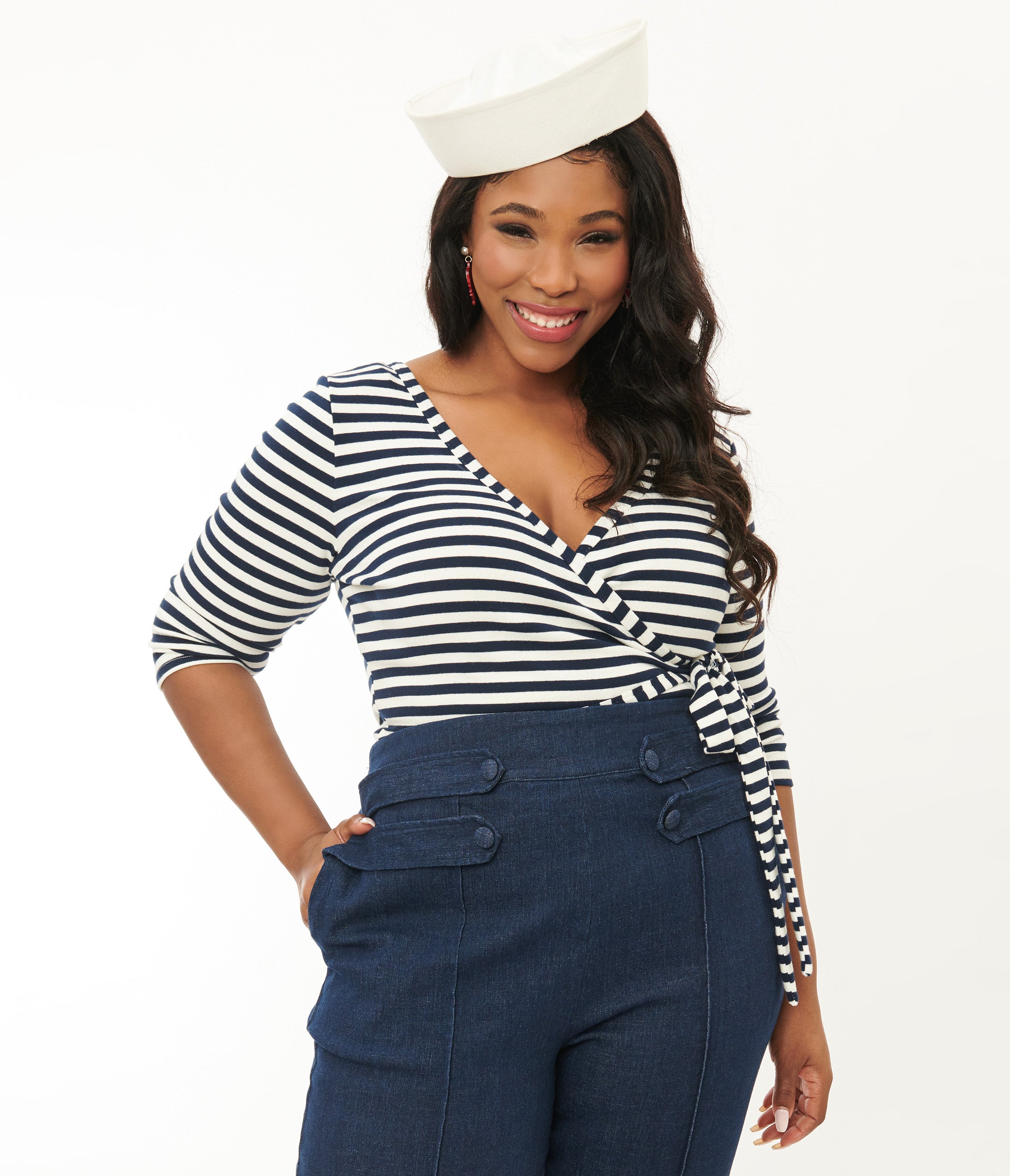 Unique Vintage Plus Size 1970s Navy & White Stripe Surplice Bodysuit