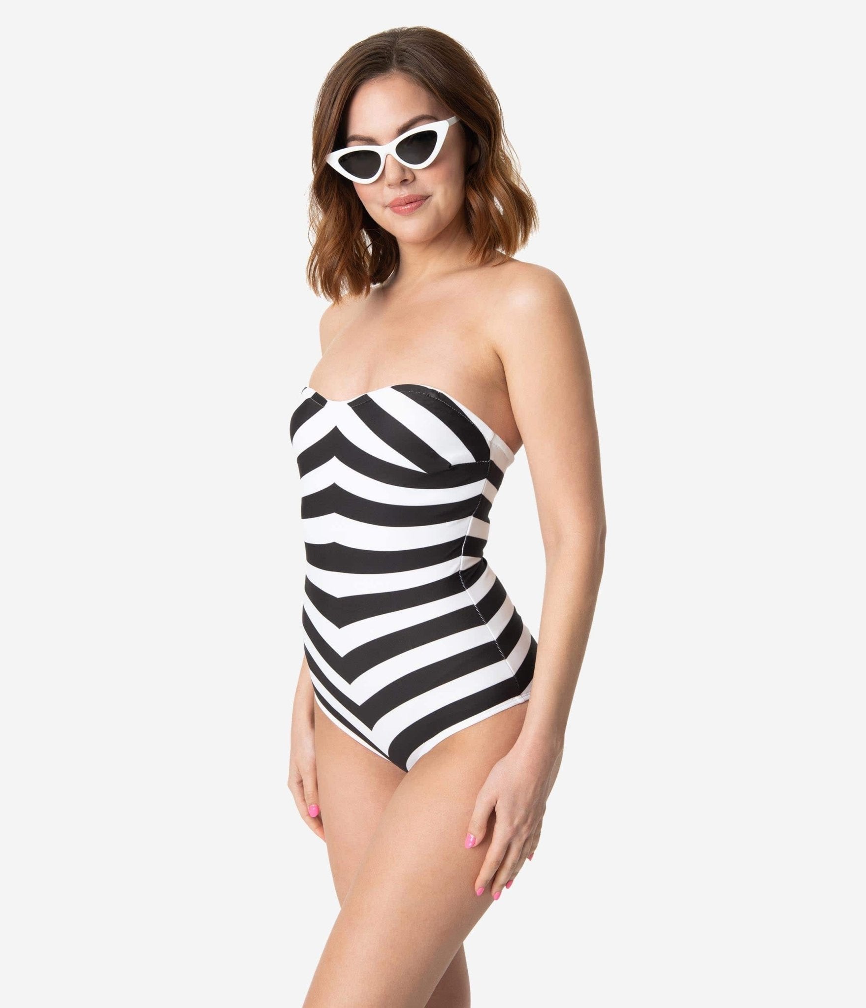 Barbie x Unique Vintage Black & White Chevron Stripe One Piece Bathing Suit