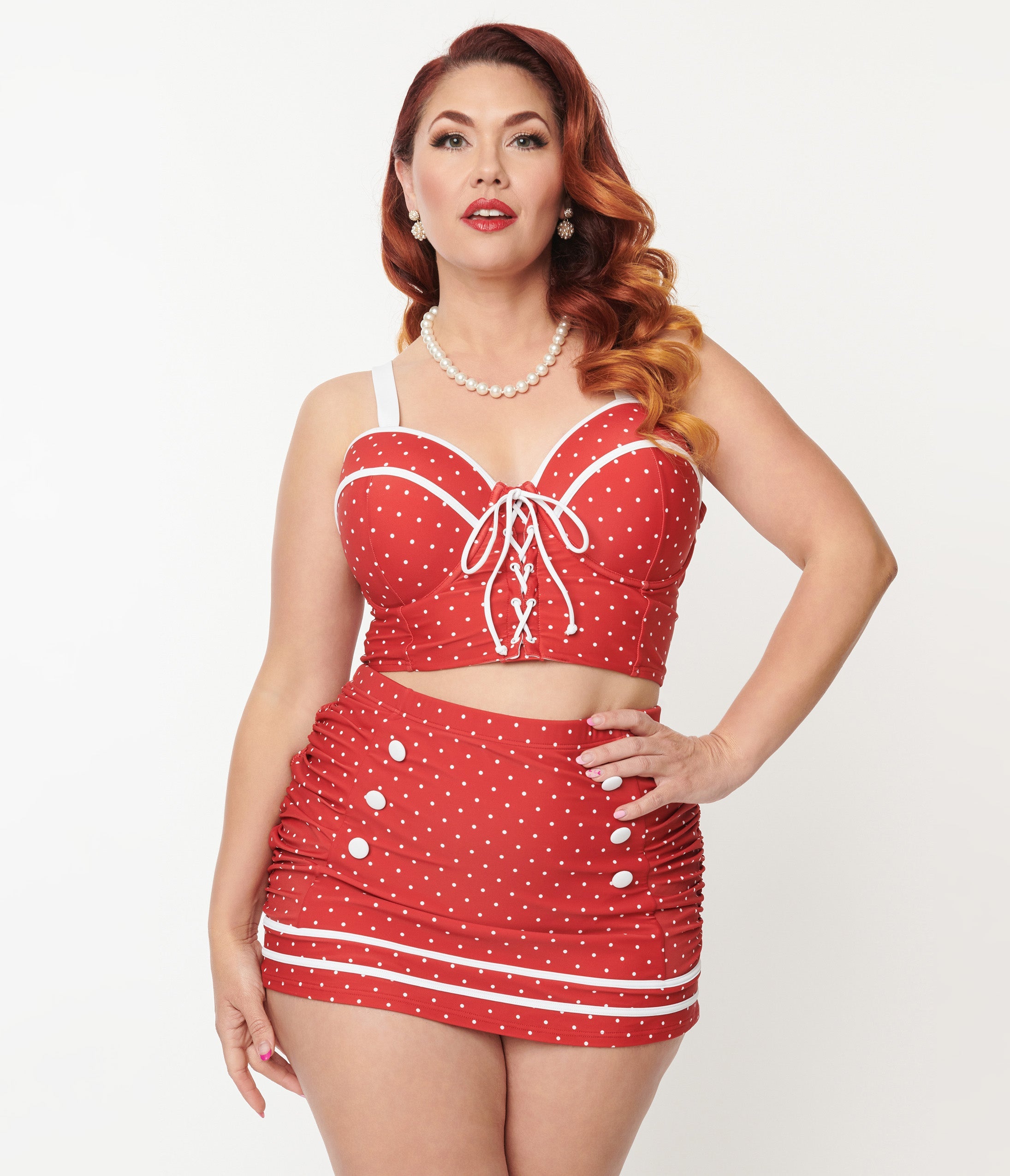 Unique Vintage Plus Size Red Pin Dot Lace Up Swim Top