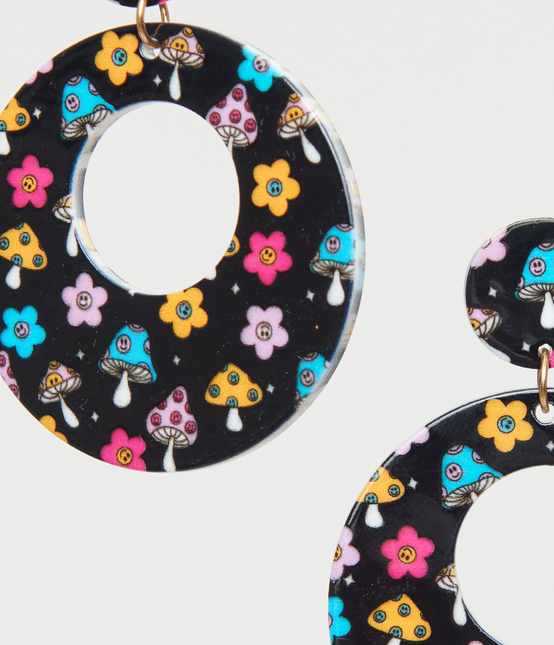 1970s Black Mushroom & Floral Print Hoop Earrings