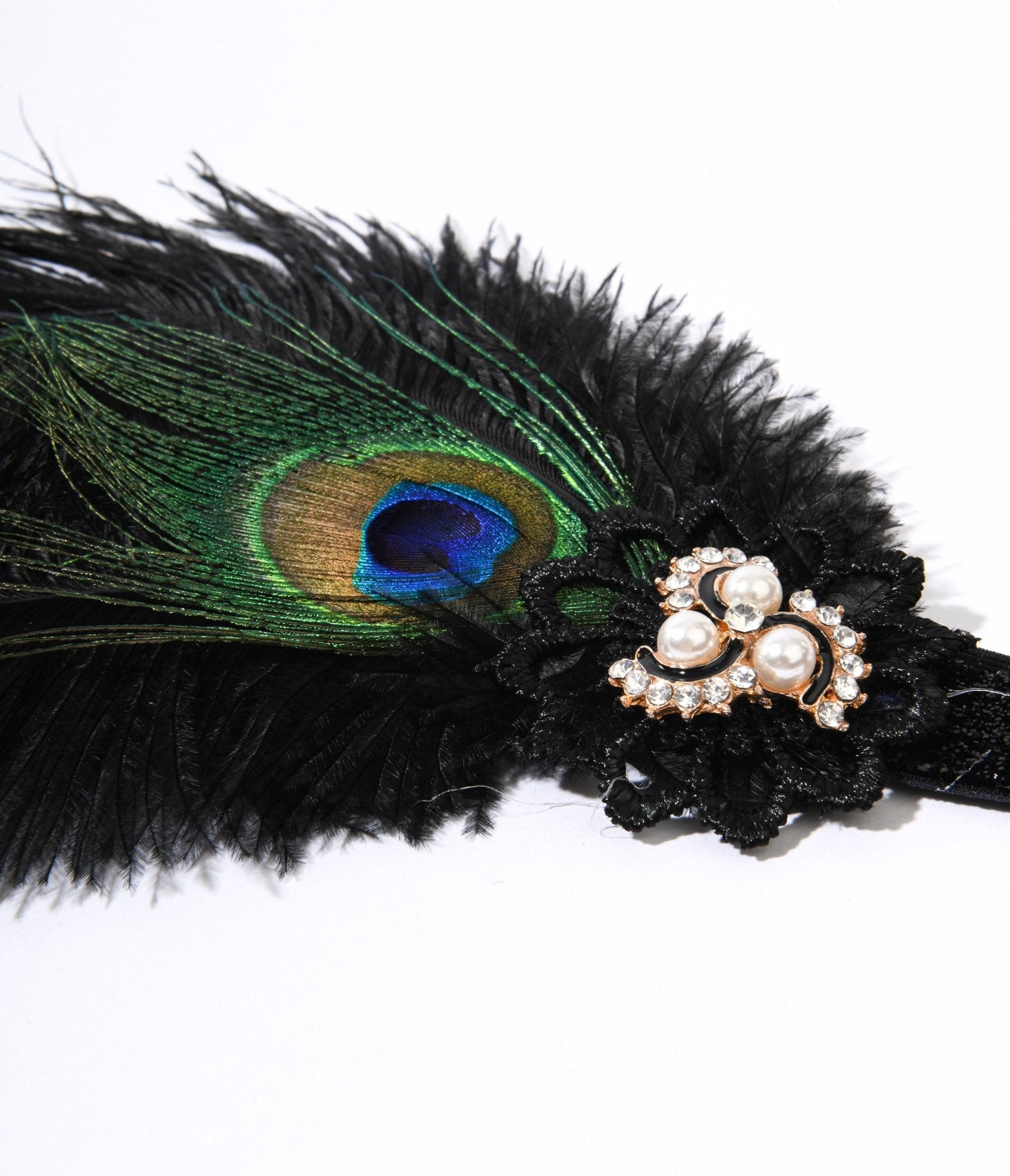 1920s Peacock Feather & Pearl Gem Flapper Headband