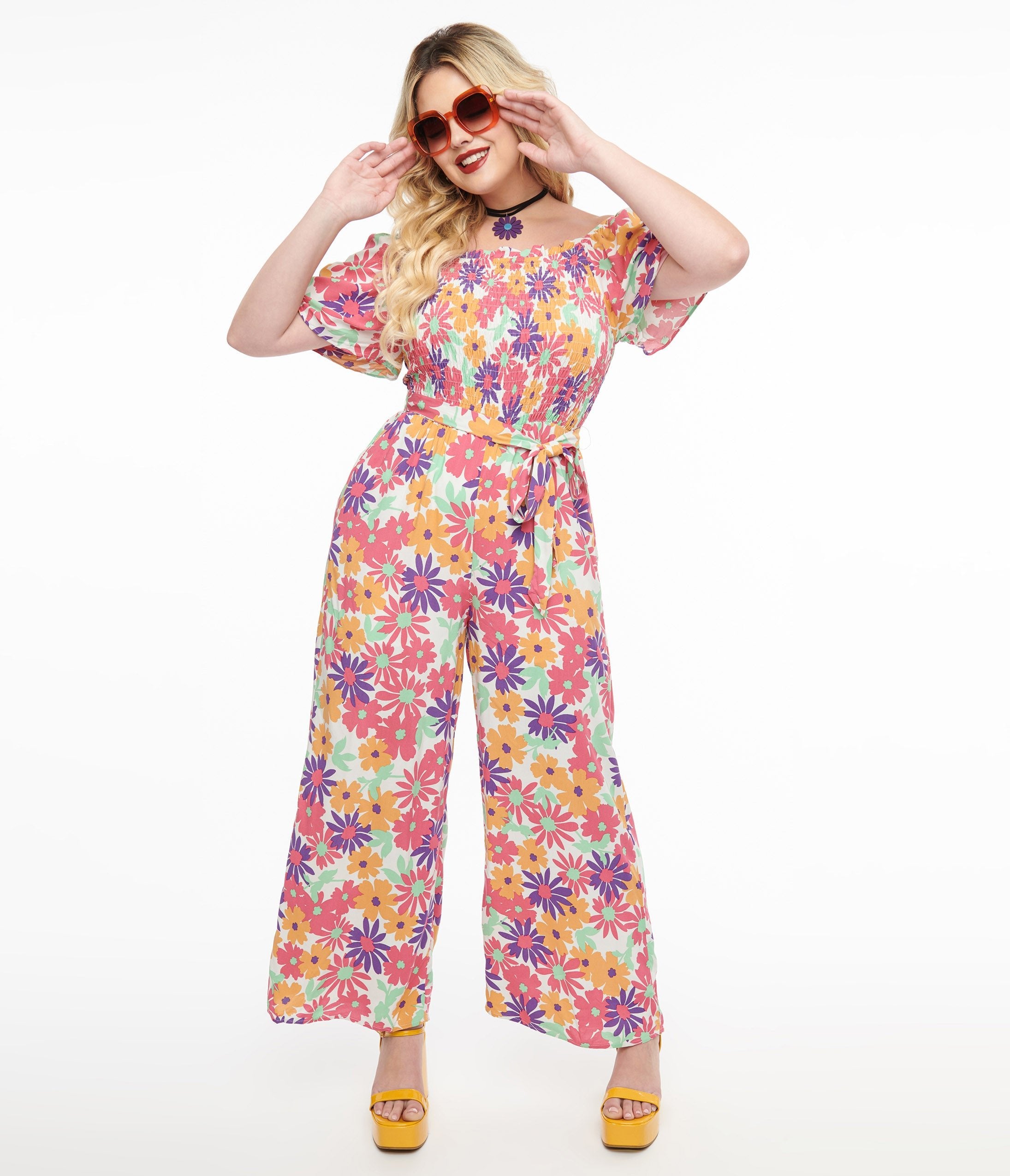 Hot Pink & Purple Floral Flutter Sleeve Jumpsuit