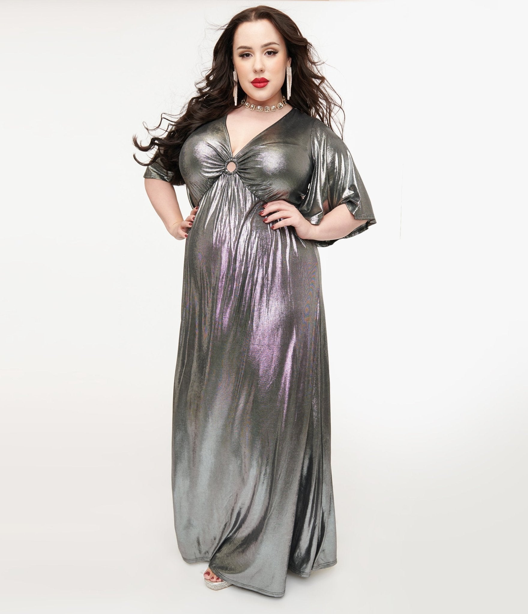 Smak Parlour Plus Size 1970s Metallic Silver Cutout Maxi Dress