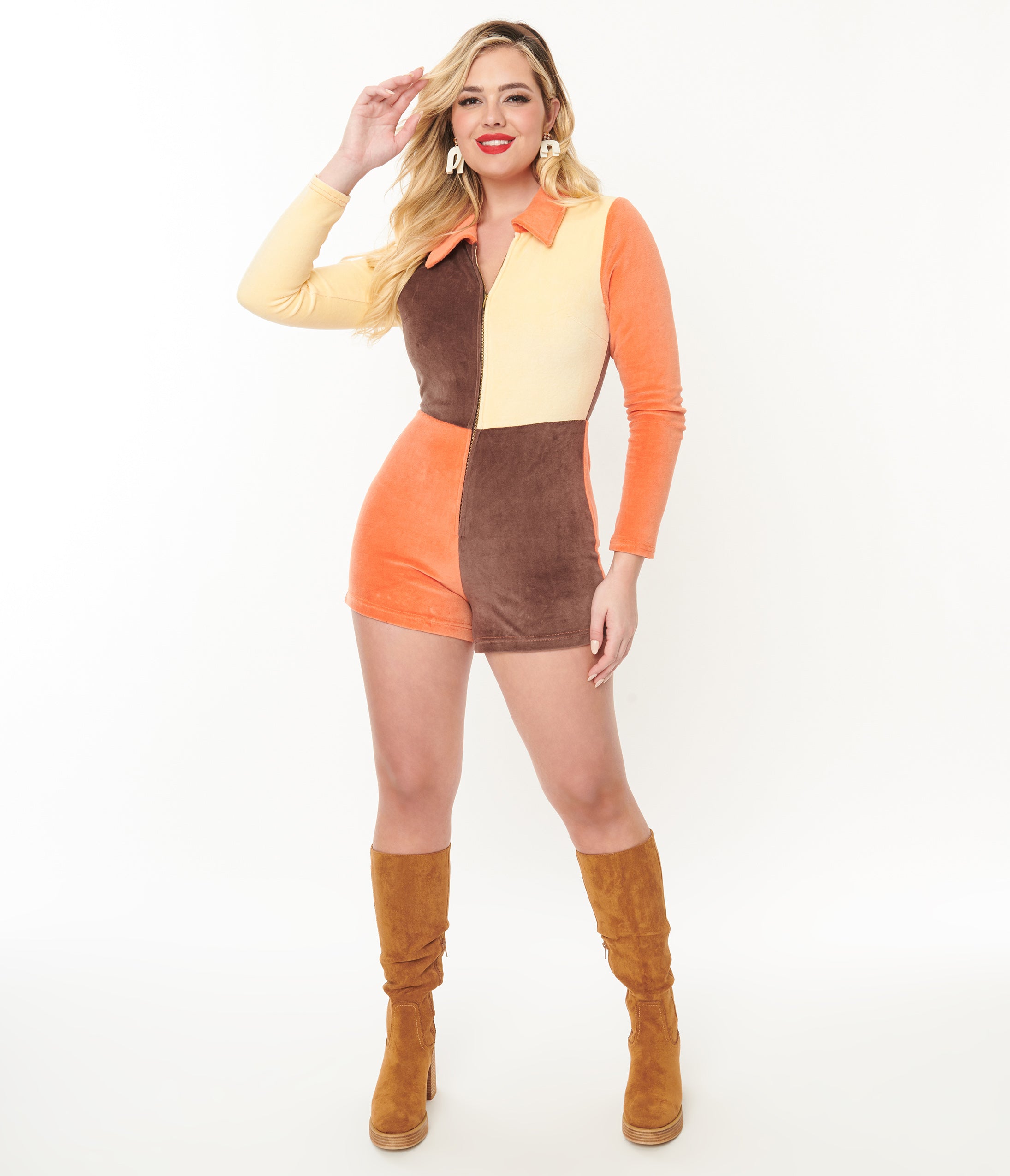 Smak Parlour 1960s Fall Color Block Terry Cloth Romper