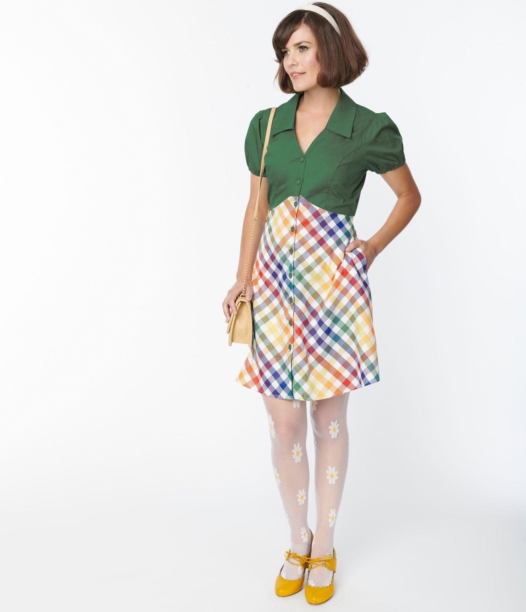 Smak Parlour 1970s Green & Rainbow Gingham Mini Shirt Dress