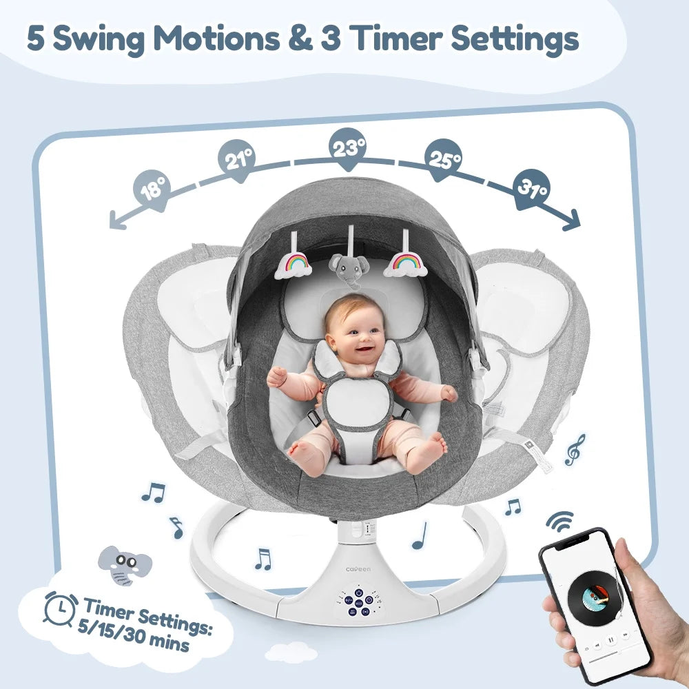 Caveen H09626 Baby Swing for Infants, Electric Bluetooth Baby Rocker, 5 Swing Speeds, 3 Seat Positions, Adapter & Battery Operated (Gray)