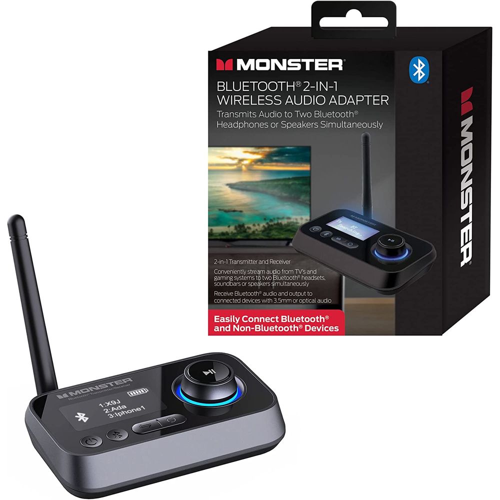 Xtreme Monster 2 in 1 Bluetooth Wireless Audio Adapter, Transmitter/Receiver, Black - Portable