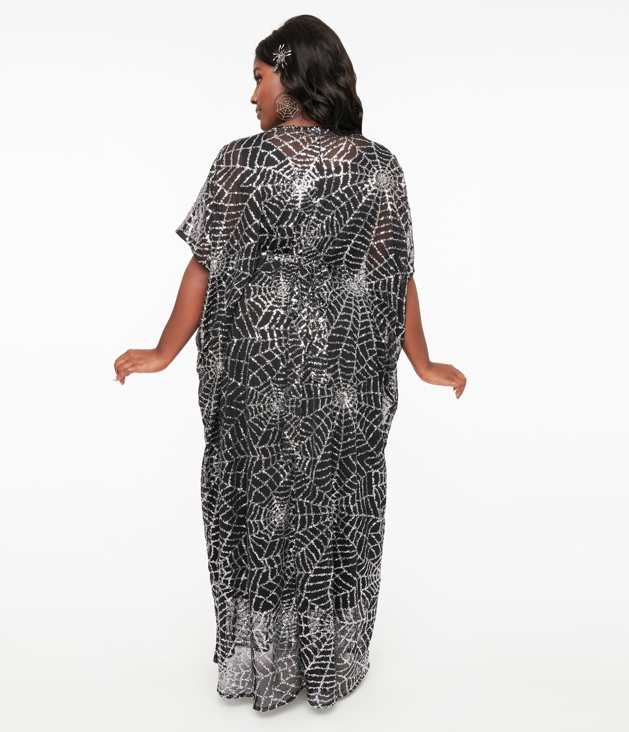 Unique Vintage Black & Silver Sequin Spider Web Burton Caftan Dress