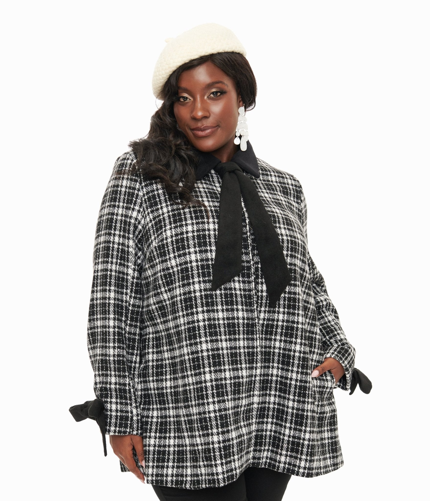 Smak Parlour Black & White Plaid Bows Topper Coat