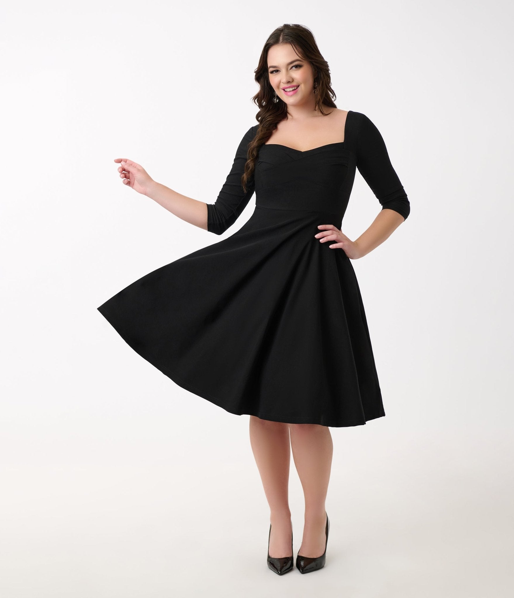 Unique Vintage 1950s Black Pleated Bust Swing Dress