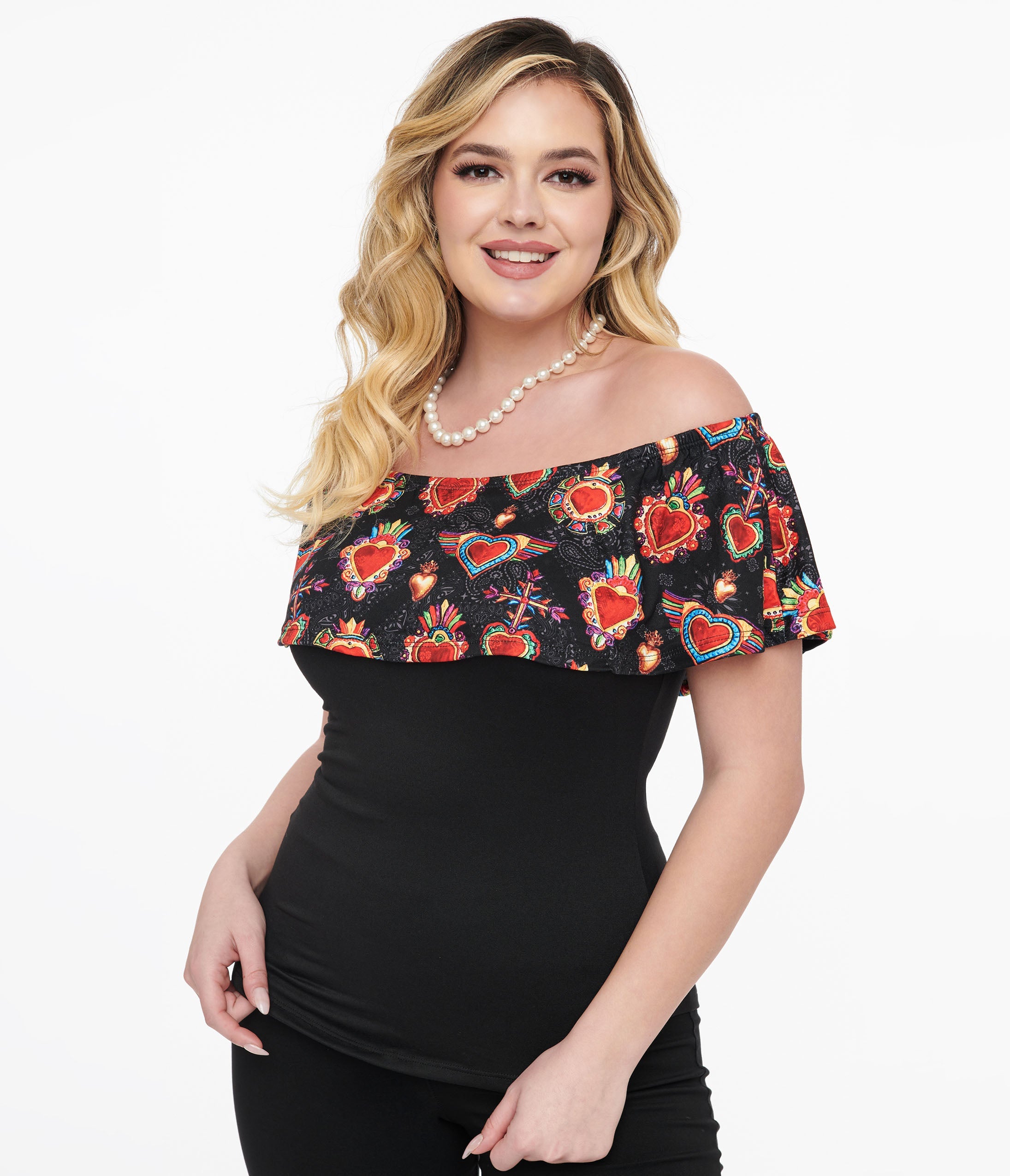 Black & Multicolor Heart Off the Shoulder Ruffle Top