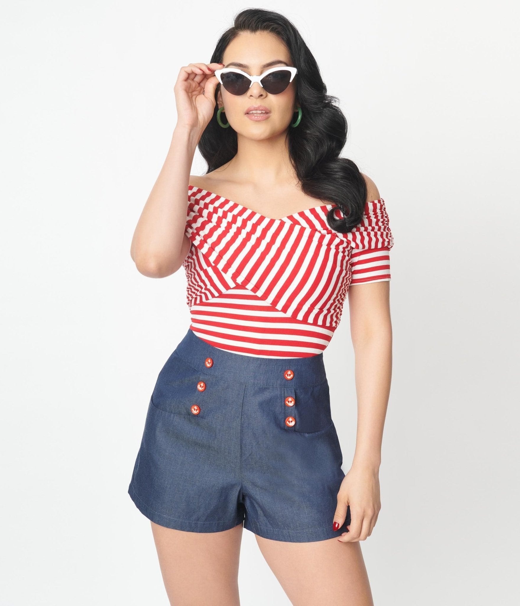 Unique Vintage Red & White Striped Off Shoulder Daydreamer Bodysuit