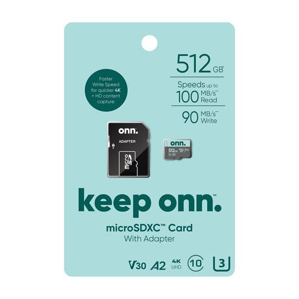 Onn. 100075921 512 GB MicroSDXC U3 Memory Card With Adapter