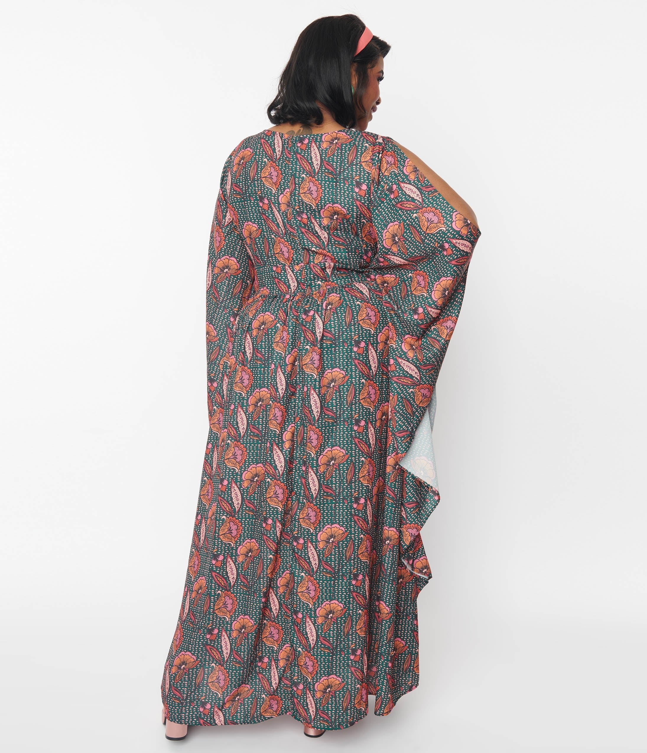 Unique Vintage Bali Floral Print Flutter Sleeve Caftan