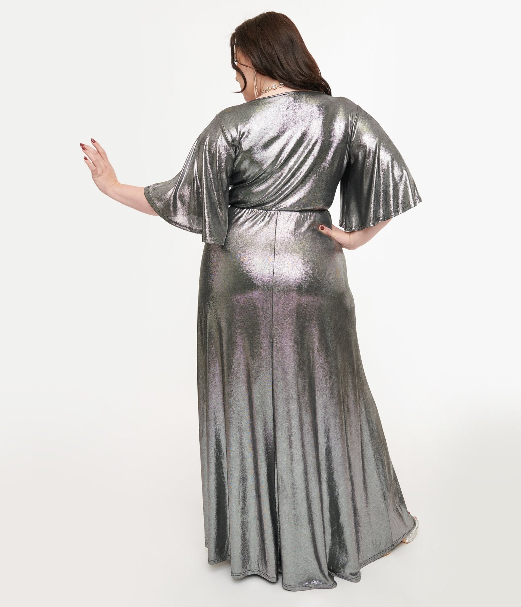 Smak Parlour Plus Size 1970s Metallic Silver Cutout Maxi Dress