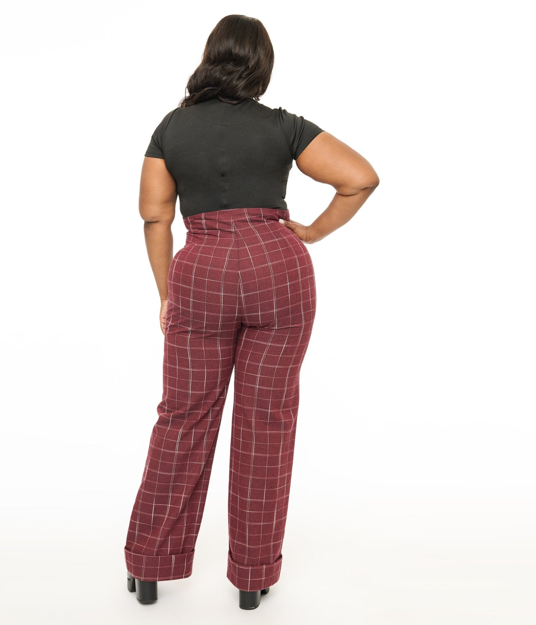 Unique Vintage Plus Size 1940s Burgundy Windowpane Buttoned Wide Leg Trousers