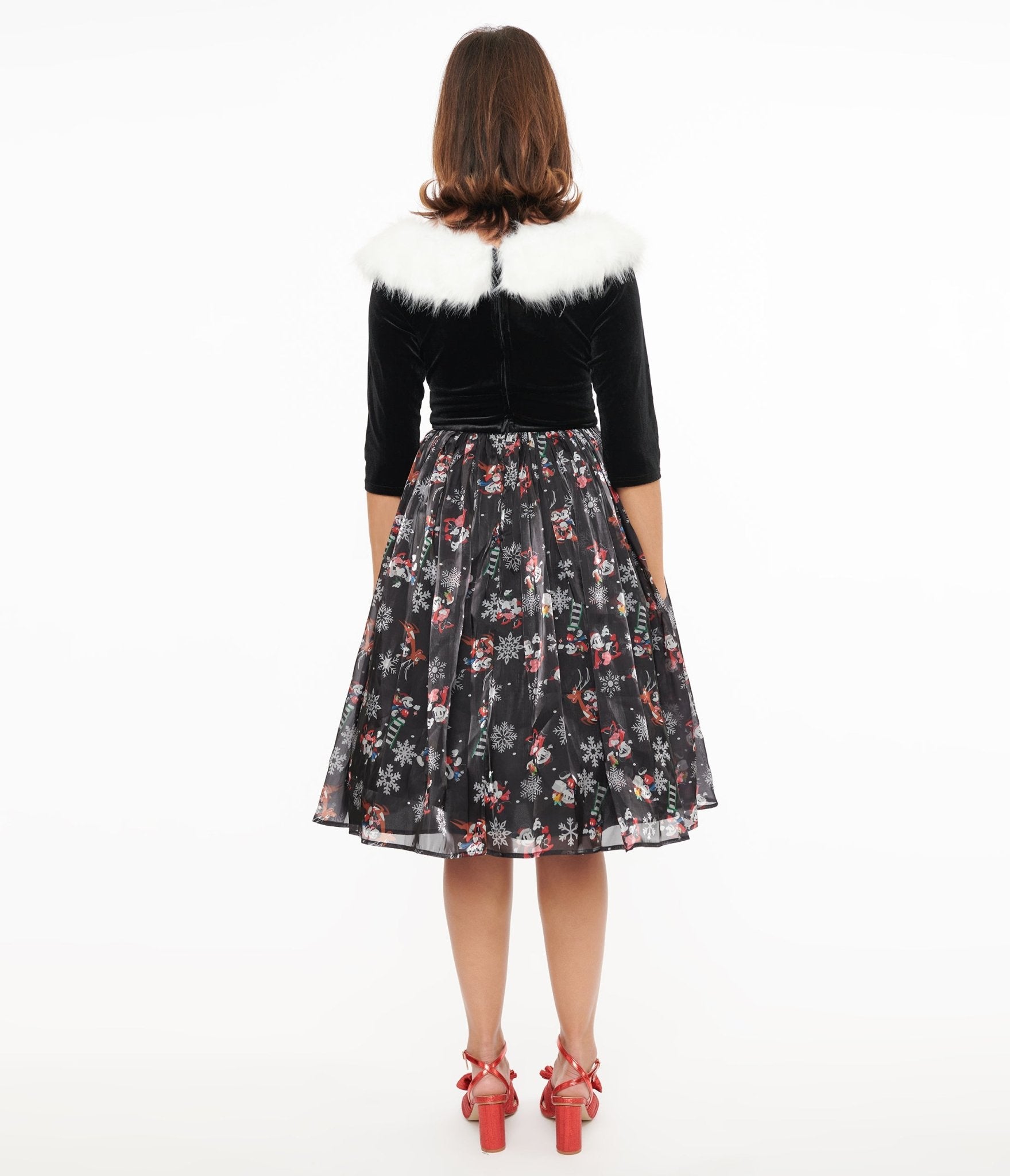 Disney Holiday Collection by Unique Vintage Minnie & Mickey Fur Collared Marceline Swing Dress