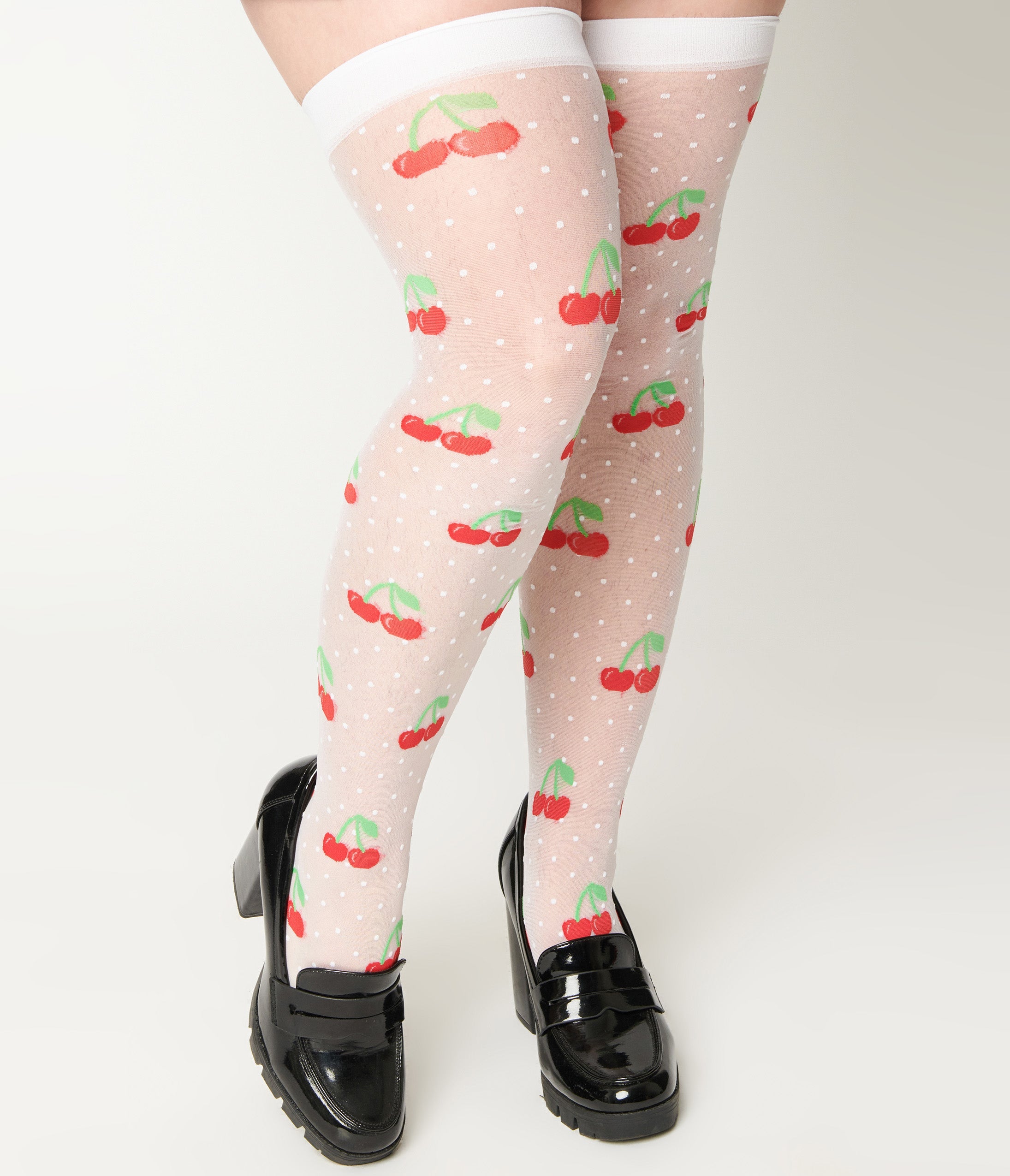 Sheer White Cherry Dot Thigh High Socks