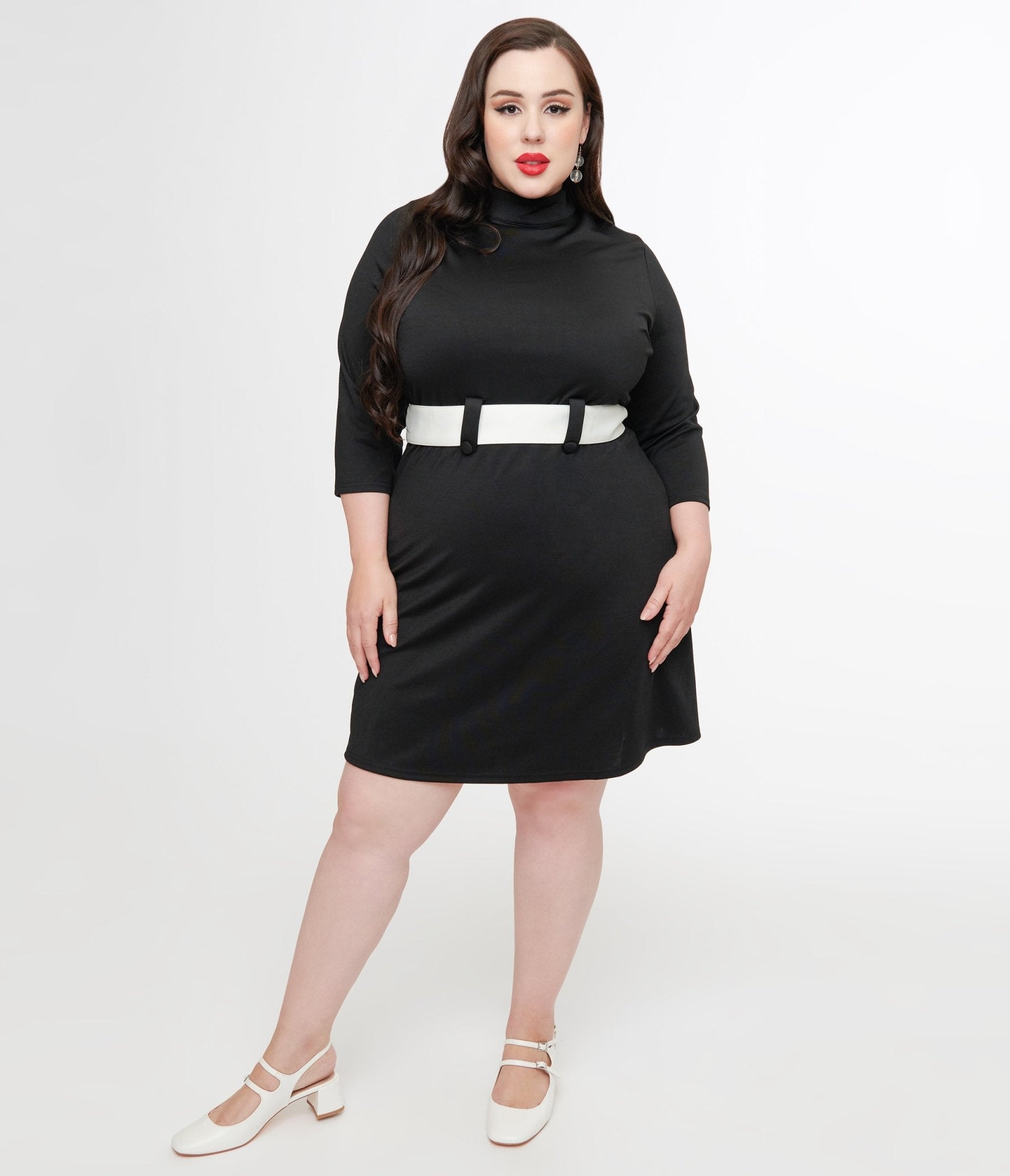 Smak Parlour Plus Size 1960s Black & White Belted A-Line Dress