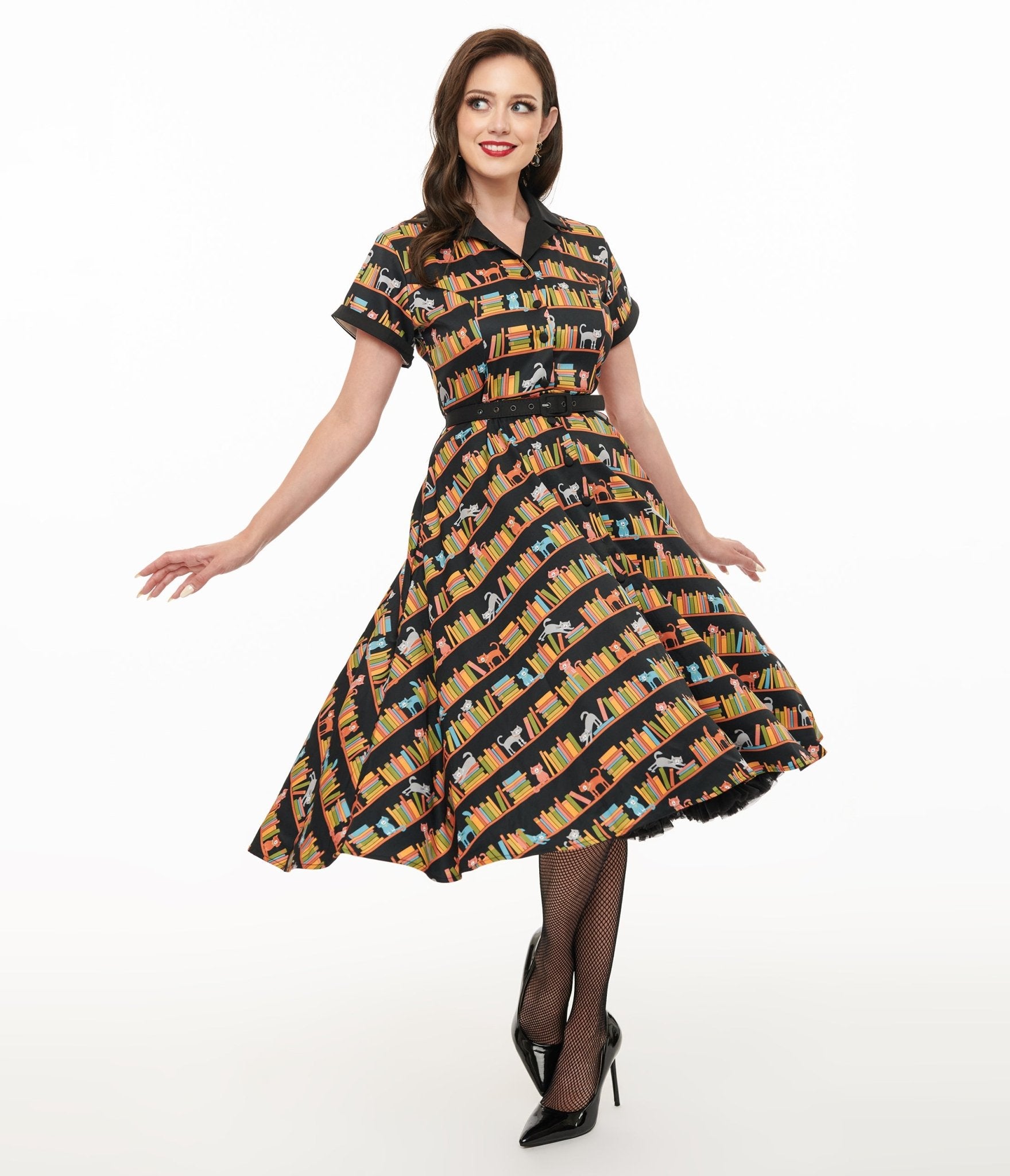 Unique Vintage 1950s Cat & Bookshelf Print Alexis Swing Dress