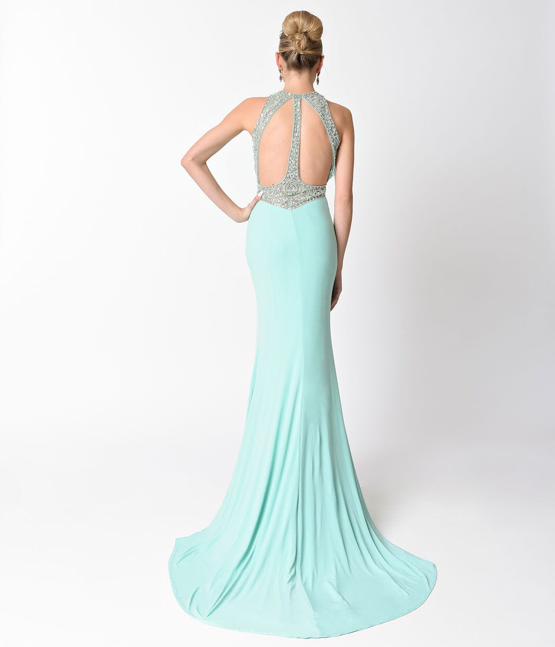 Mint Blue Fitted Jeweled Split Long Dress