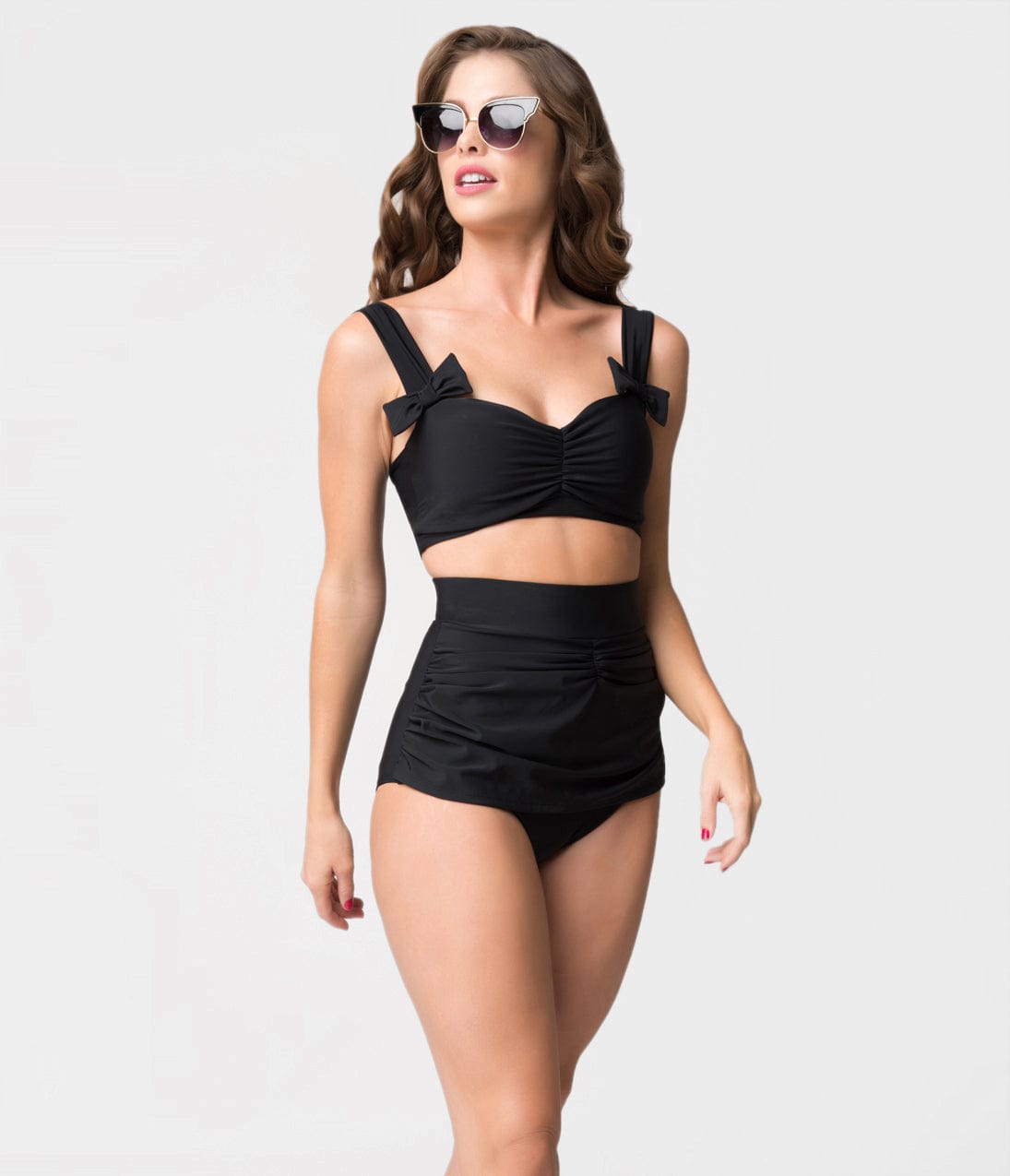 1950s Vintage Style Black Bows Swim Top