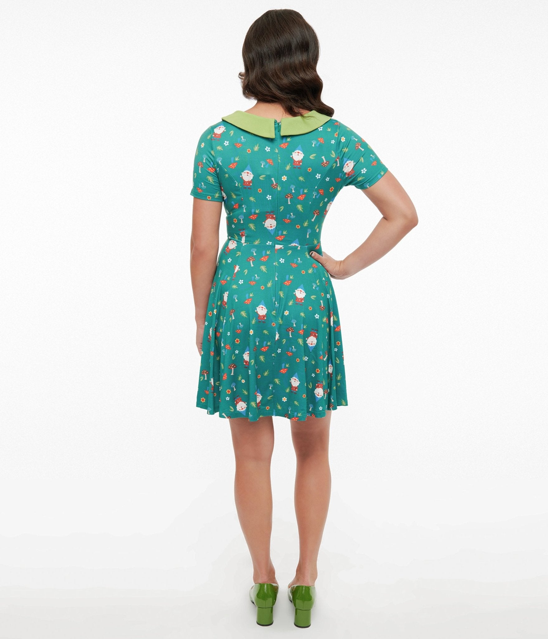 Unique Vintage 1950s Green Gnome Print Fit & Flare Dress