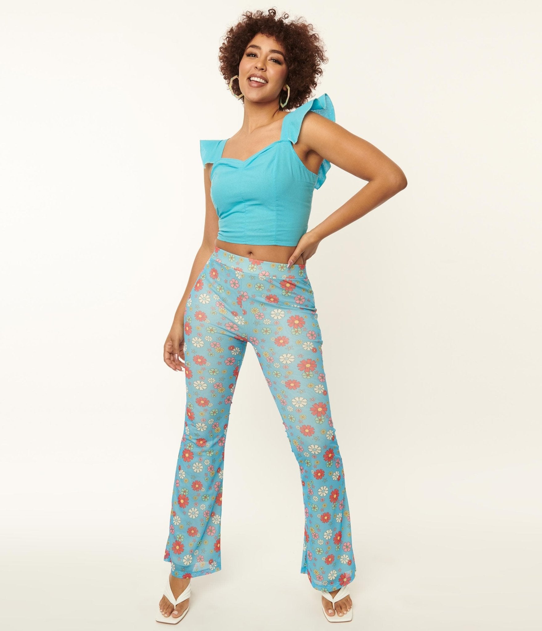 Blue & Multicolor Floral Mesh Flare Pants