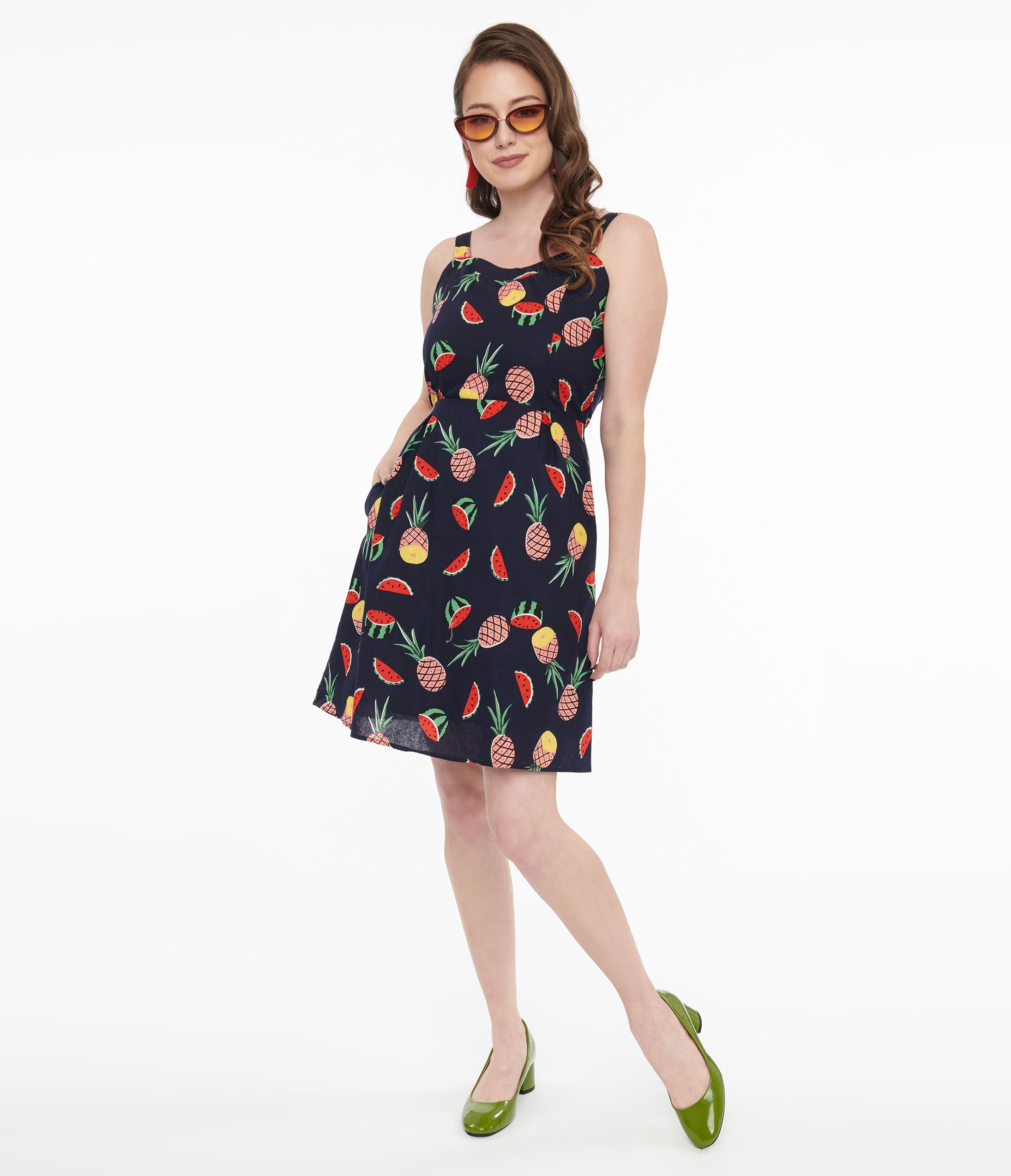 1950s Navy Fruit Print Fit & Flare Dress