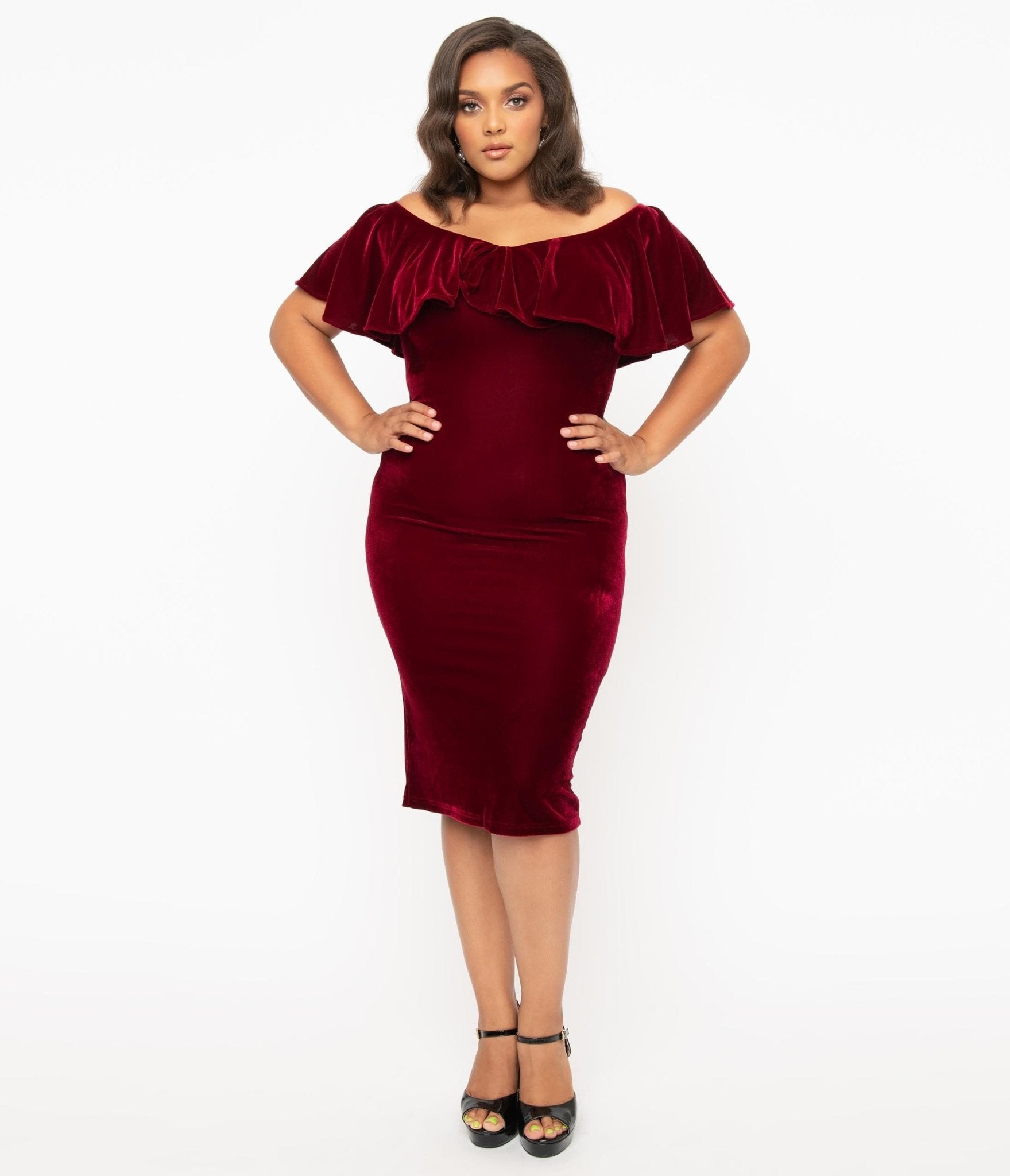 Unique Vintage Plus Size 1950s Burgundy Red Velvet Sophia Wiggle Dress