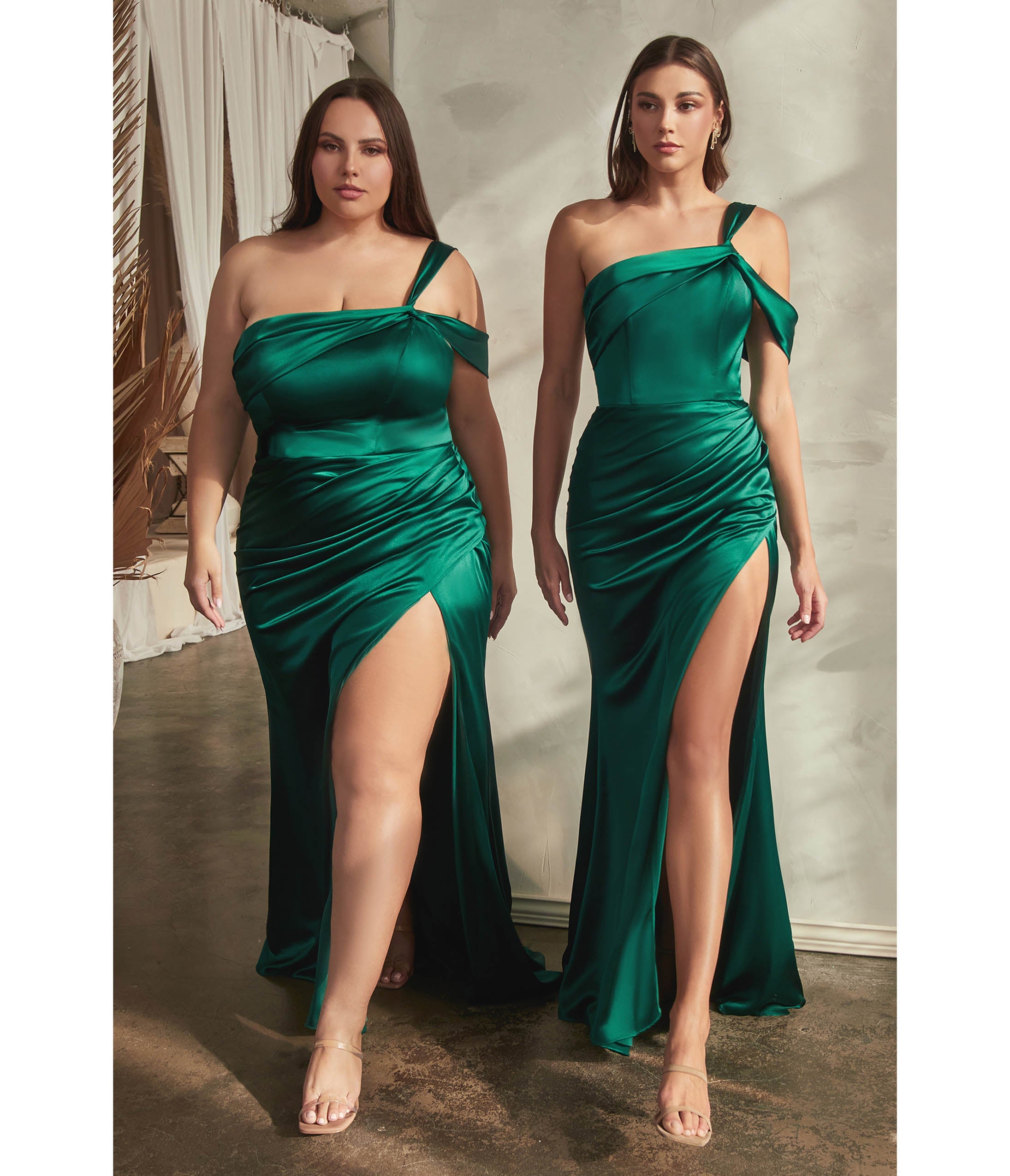 Ladivine by Cinderella Divine Plus Size Emerald Ruched Satin One Shoulder Evening Gown