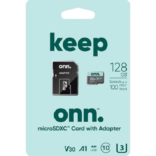 Onn 100006054 128GB Class 10 U3 V30 microSDXC Flash Memory Card