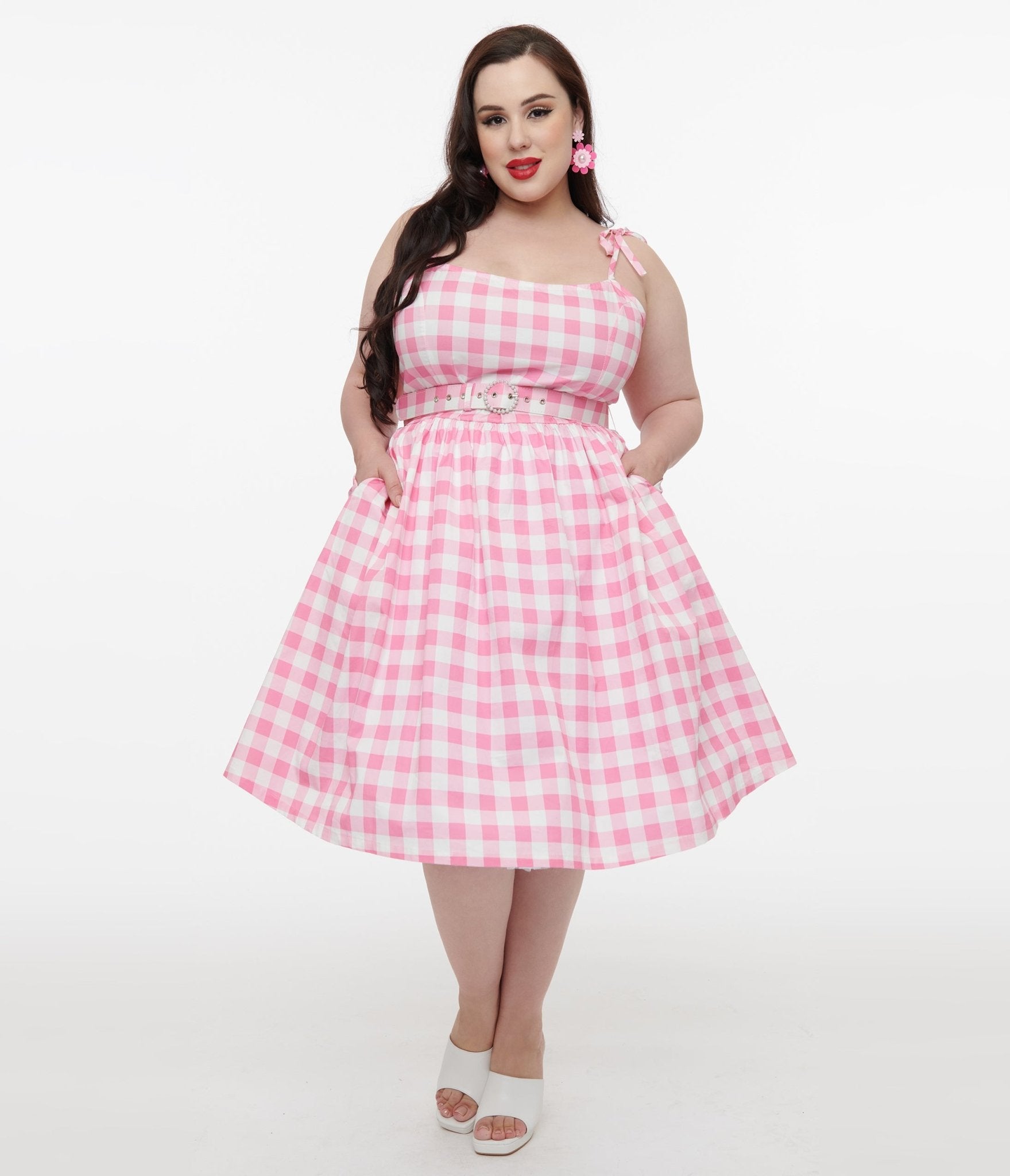 Unique Vintage Plus Size Pink & White Gingham Bobbie Swing Dress