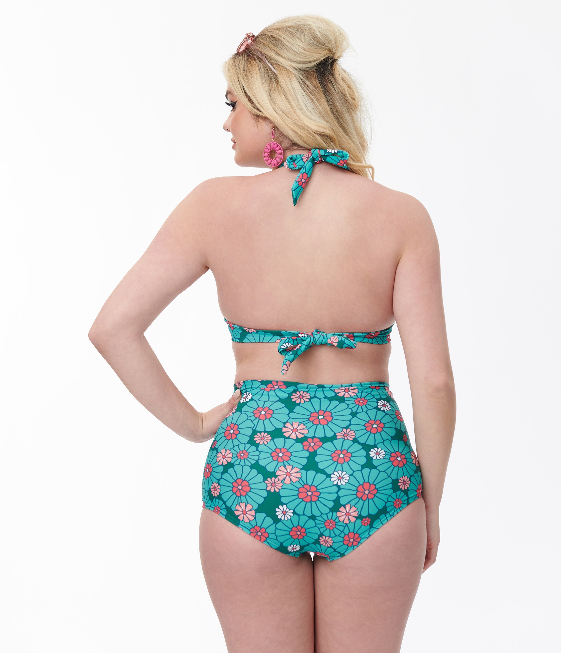 Unique Vintage Teal Flower Child Monroe Halter Swim Top