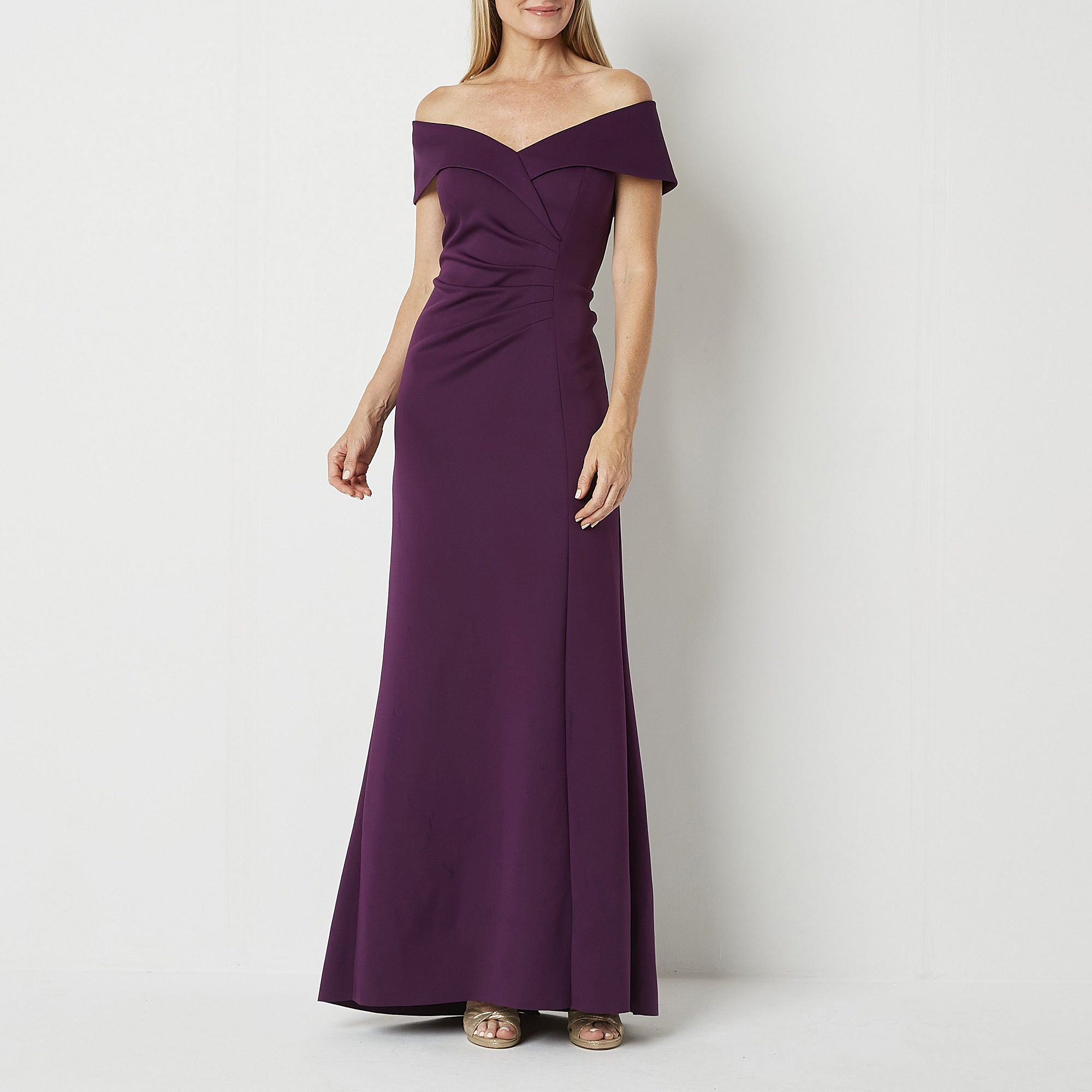 Dj Jaz Short Sleeve Off The Shoulder Evening Gown - PLUM 4