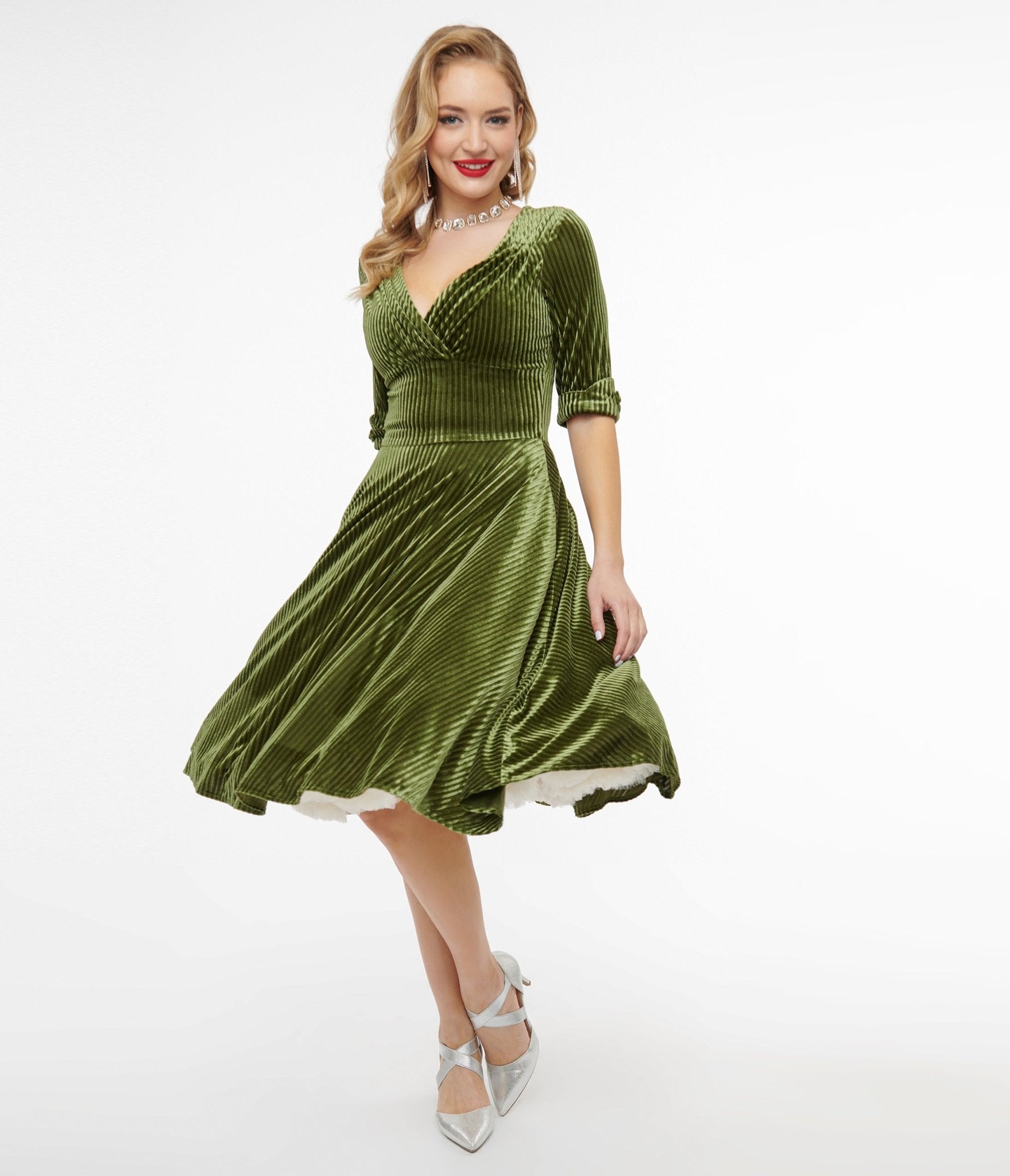 Unique Vintage 1950s Moss Green Velvet Delores Swing Dress