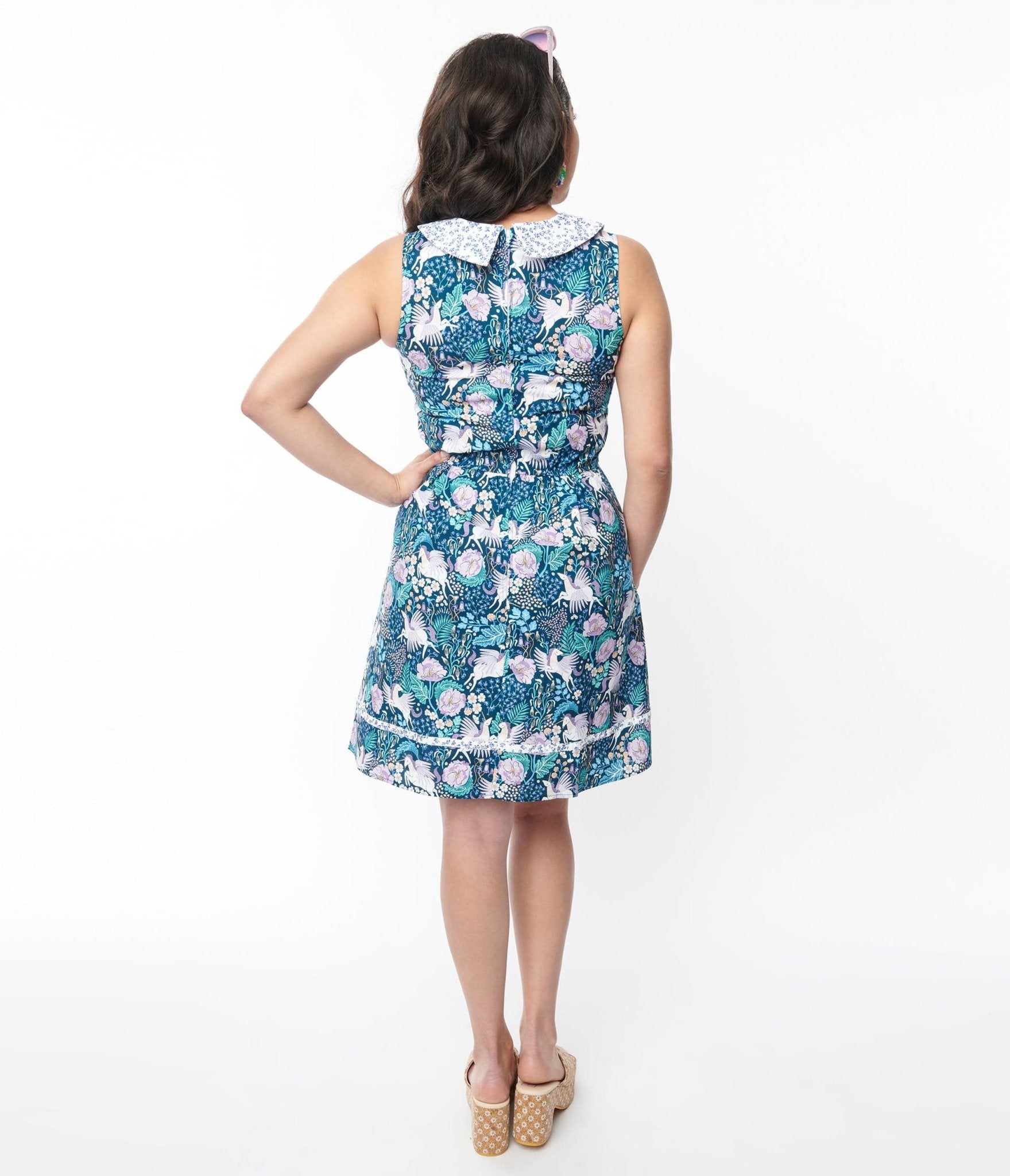 Retrolicious Blue Pegasus & Floral Flare Dress