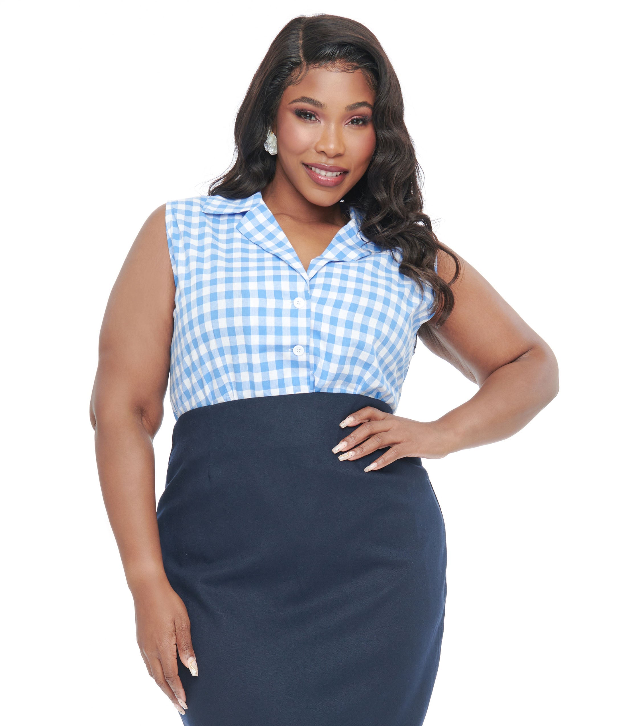 Barbie x Unique Vintage Plus Size 1950s Blue & White Gingham Commuter Set Collar Blouse