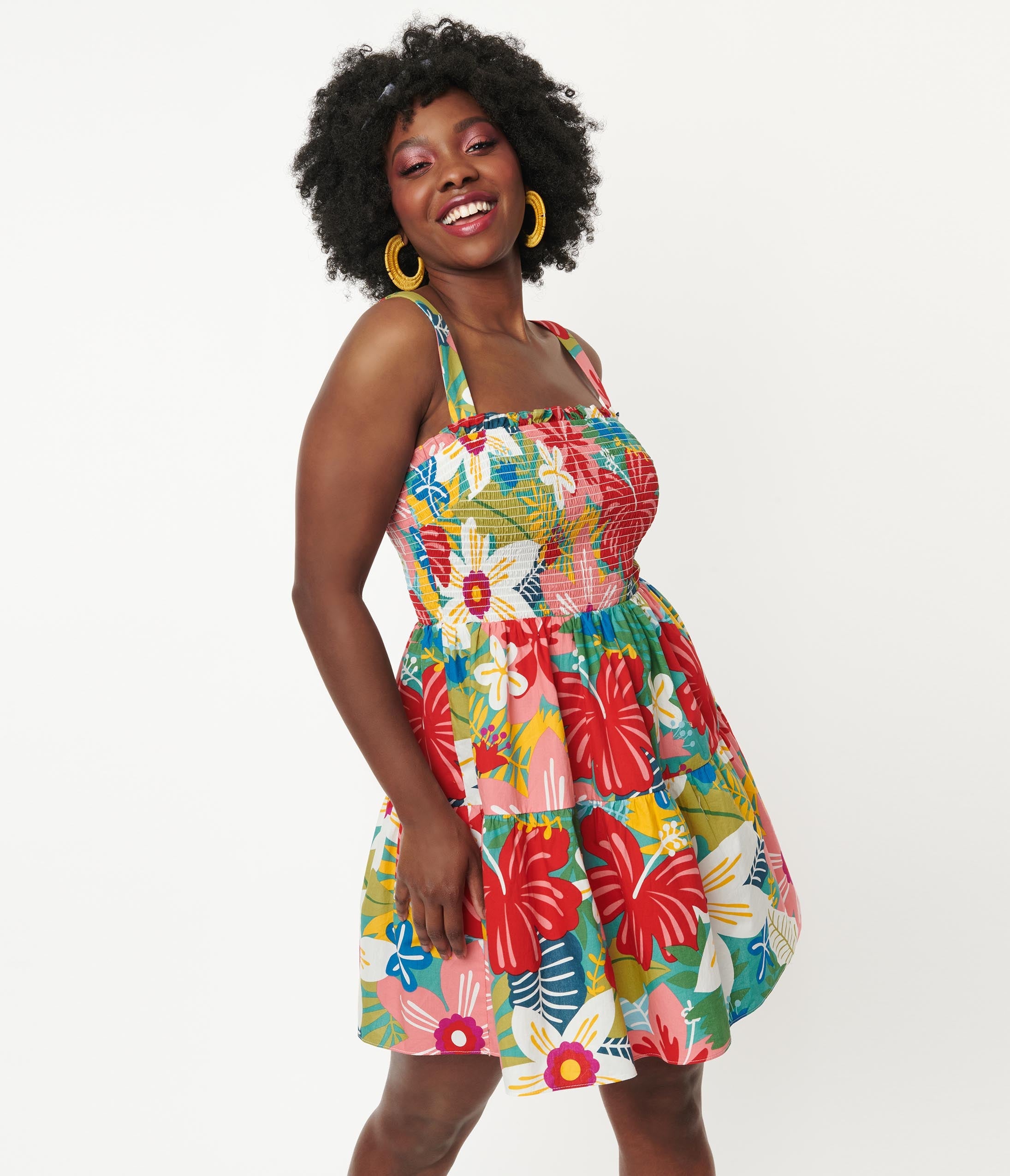 Multicolor Tropical Floral Smocked Flare Dress