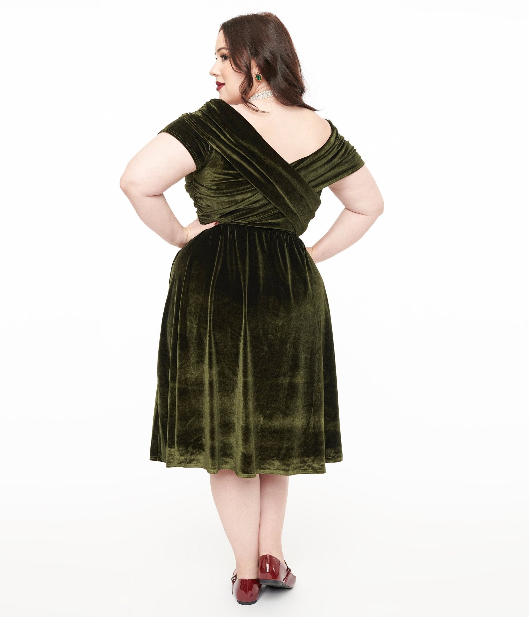 Unique Vintage Plus Size 1950s Olive Green Shirred Velvet Swing Dress