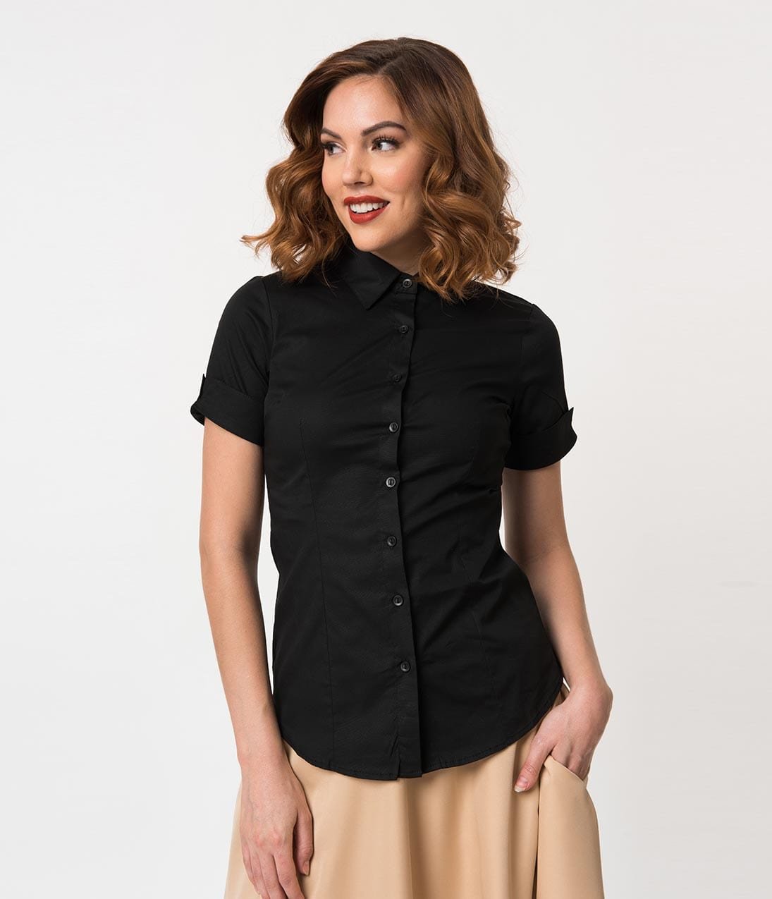 Black Collared Short Sleeve Button Up Blouse